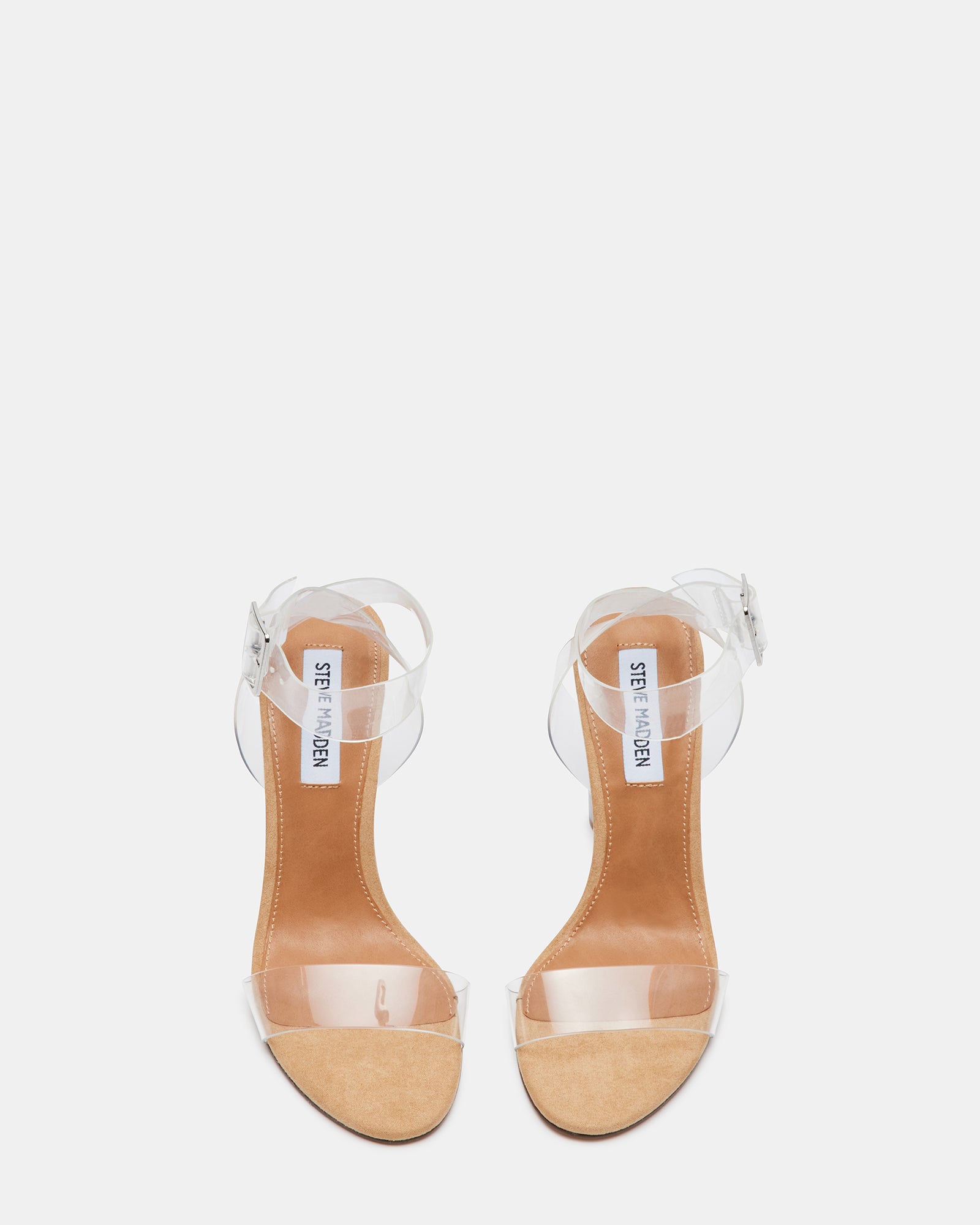 Side view of CLEARER CLEAR transparent high heel sandals showing lucite heel