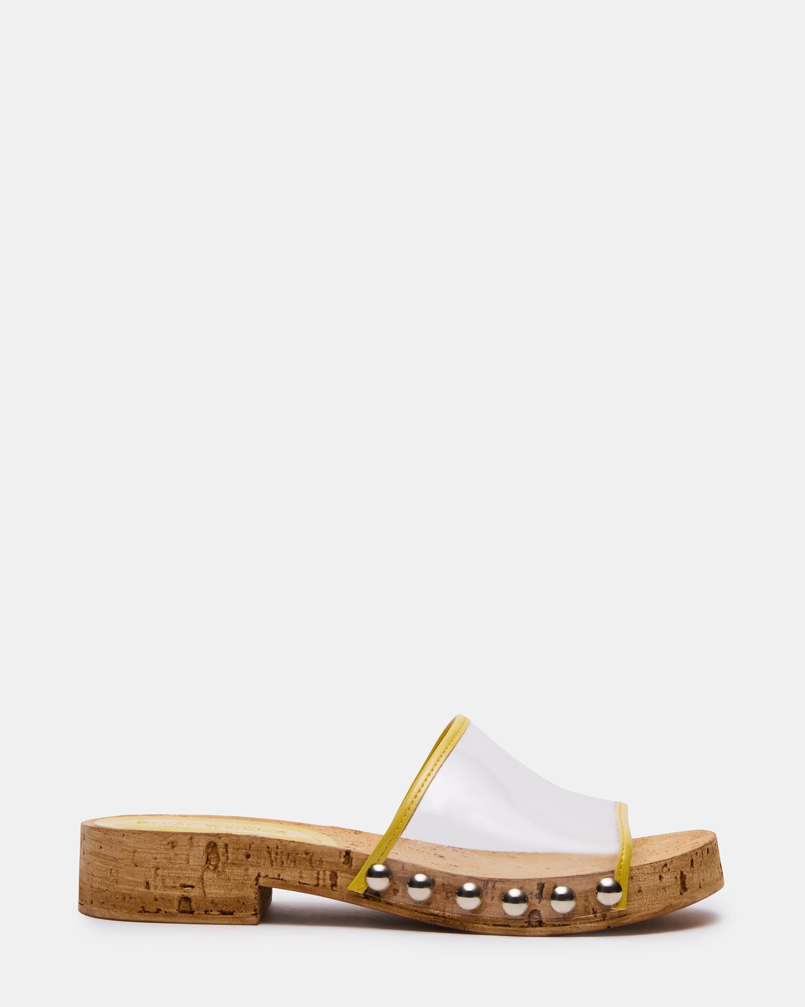 Front view of Clement Yellow slide sandals showcasing stud details