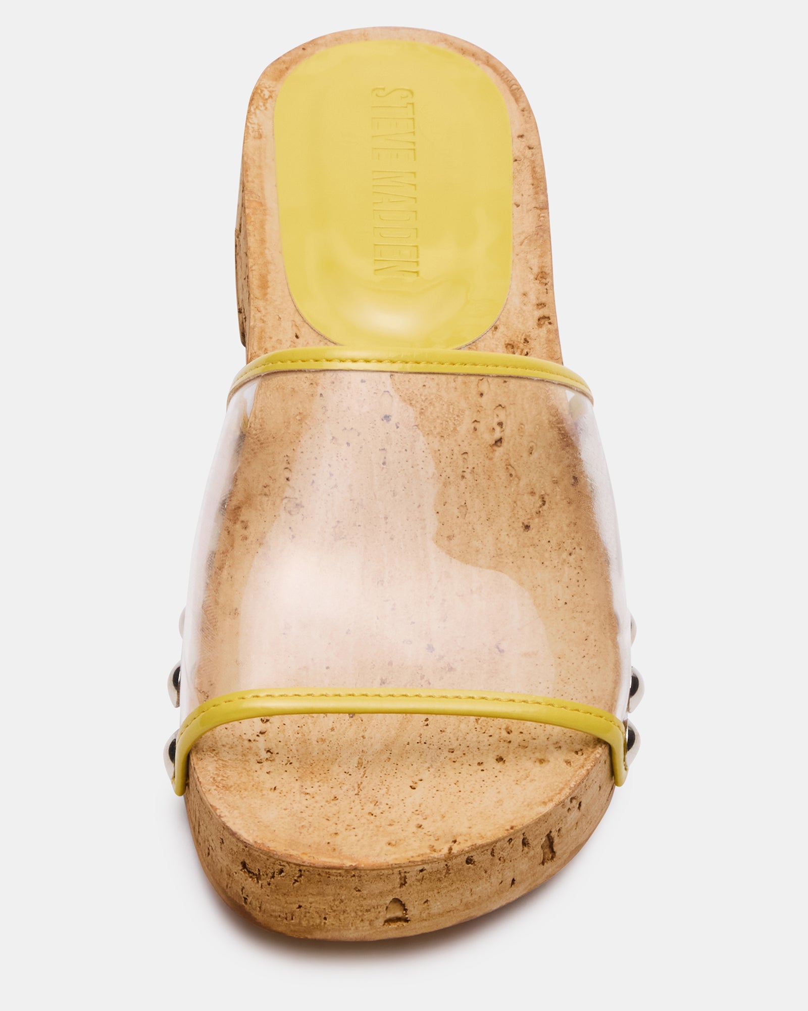 Front view of Clement Yellow slide sandals showcasing stud details