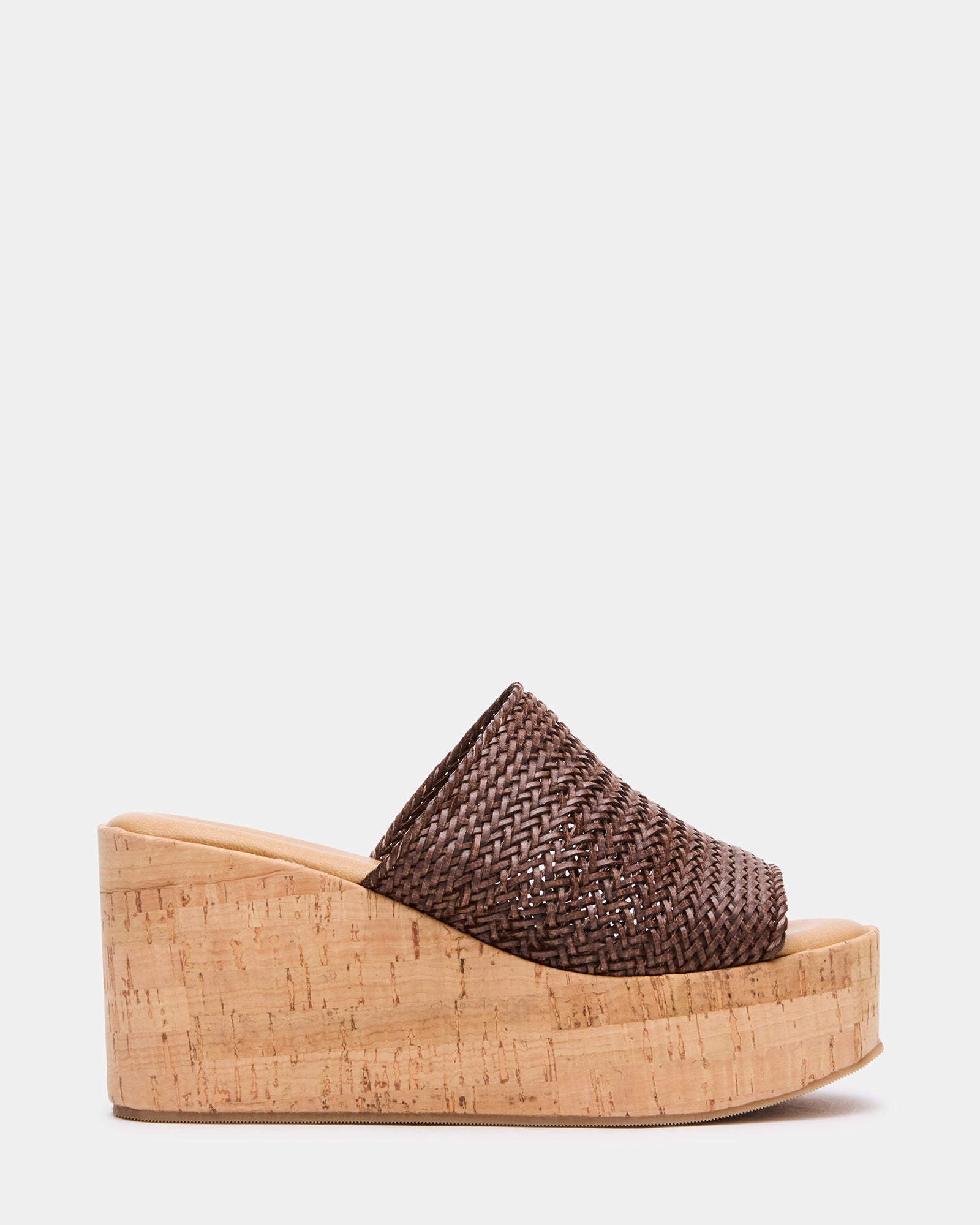 Side view of raffia platform sandals with wedge heel for summer outings