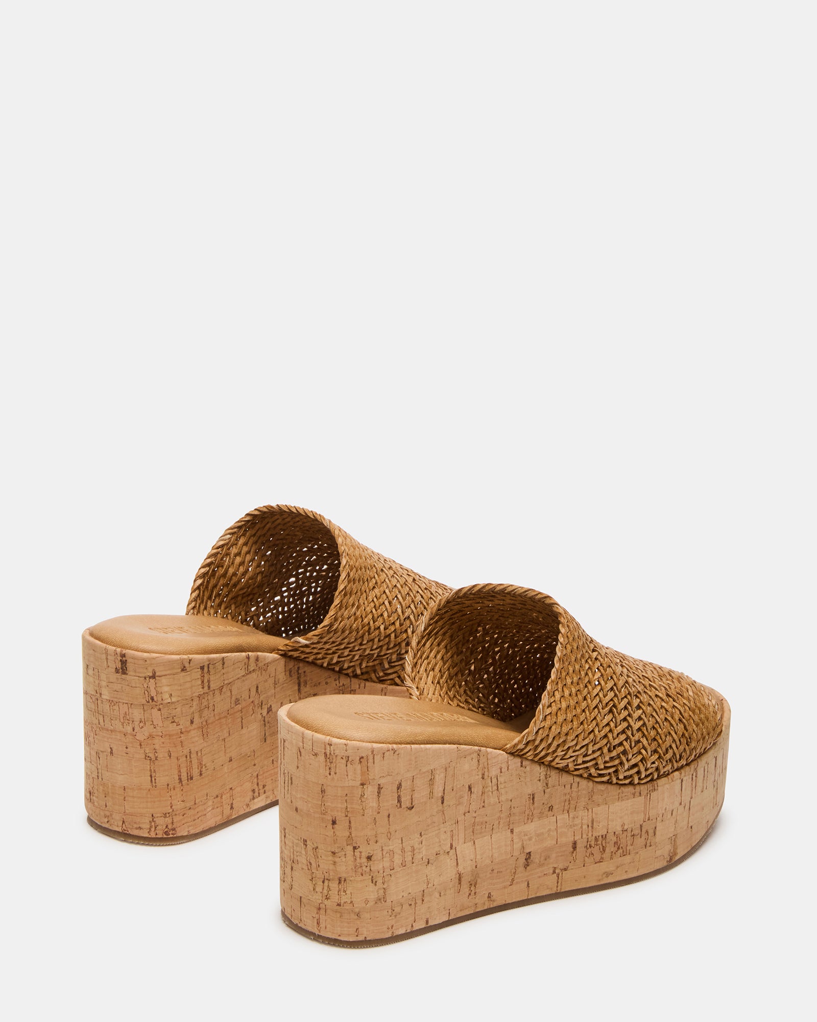 Close-up of raffia platform sandals showcasing their texture