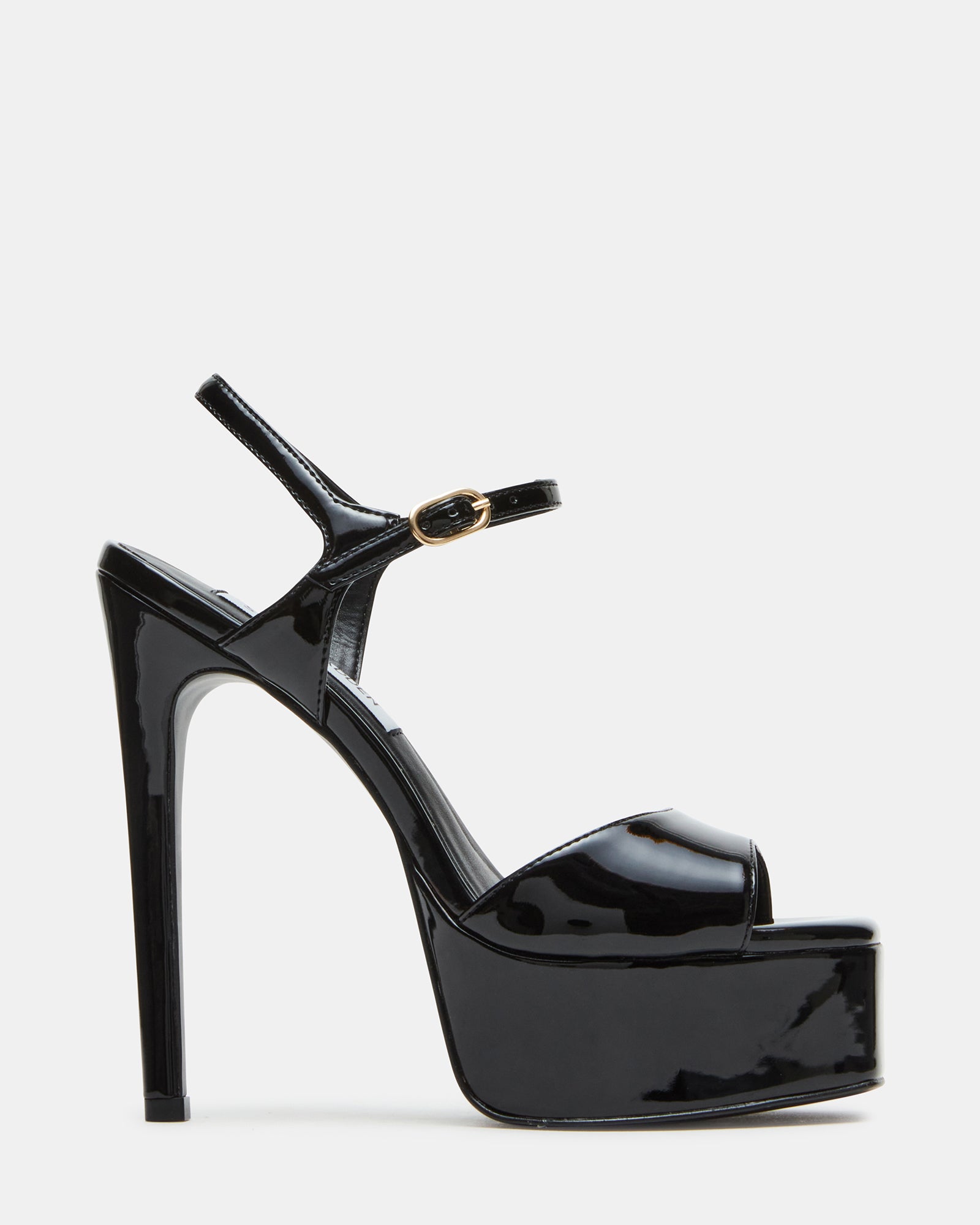 Front-angle view of black patent stiletto heels with a platform for night-out style