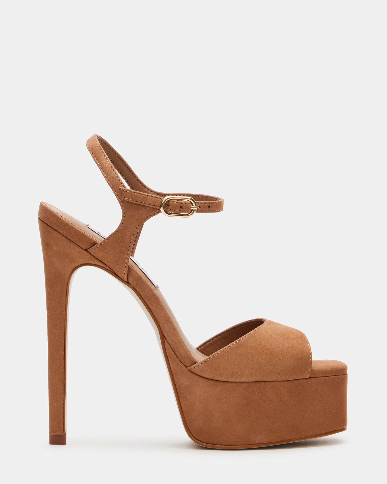 Side view of nude platform heels showing sleek profile and square toe