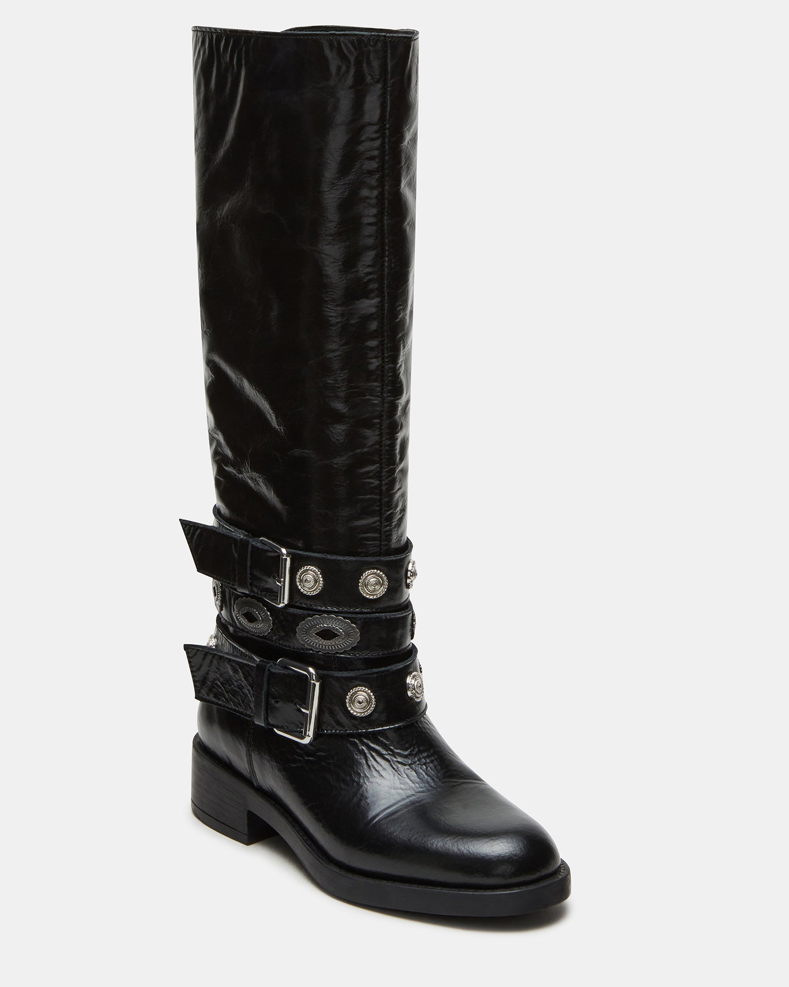 Close-up of the stylish buckle on the Steve Madden moto boots.