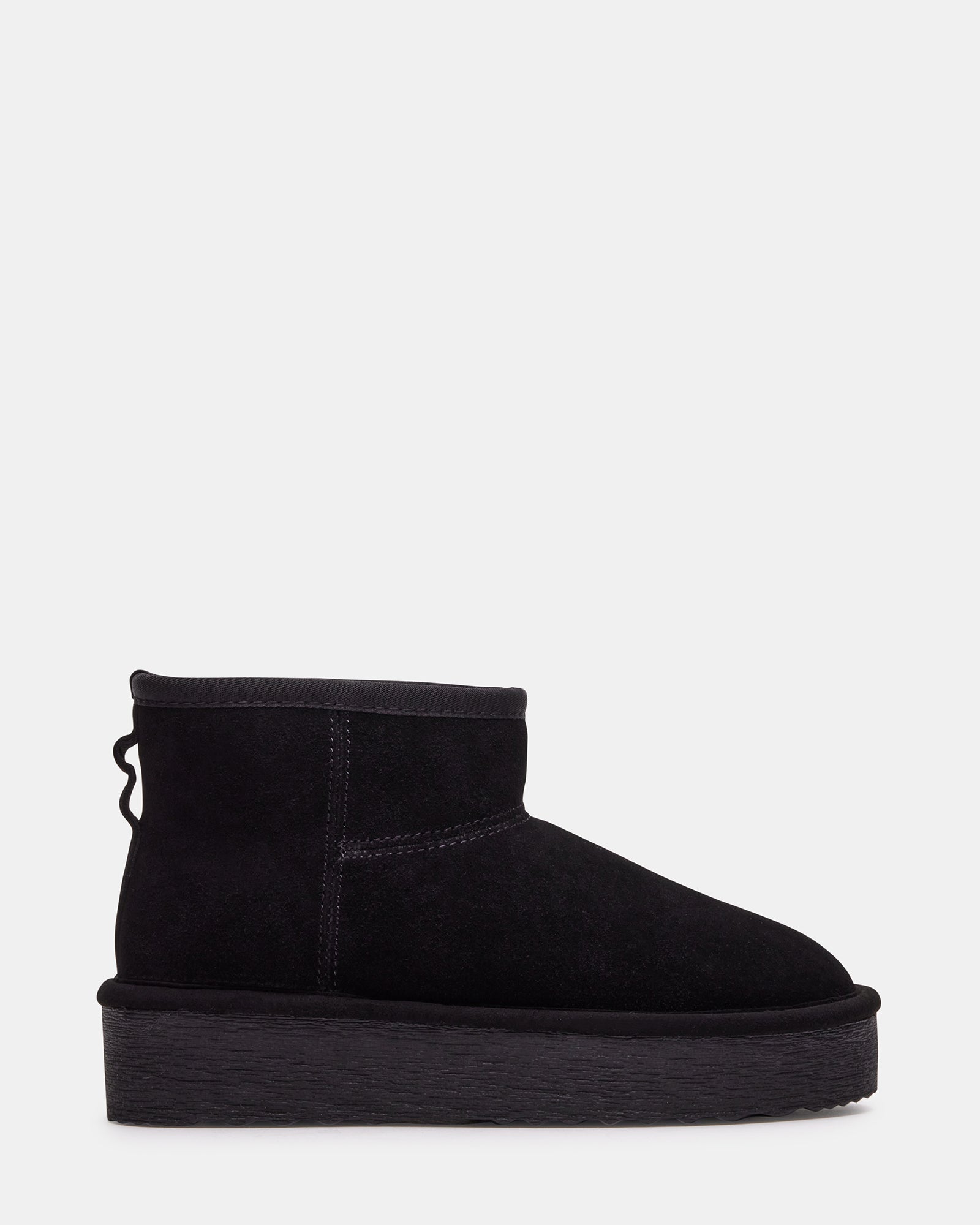 Side view of black suede ankle boots showcasing faux fur trim and platform heel