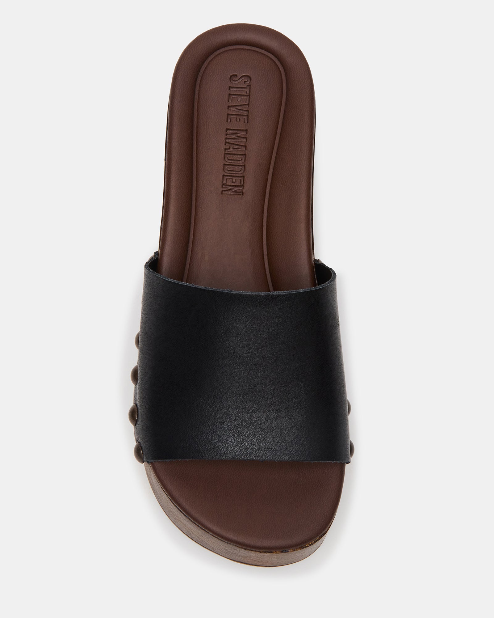 Top-down shot of black platform sandals showing leather detailing and flatform base
