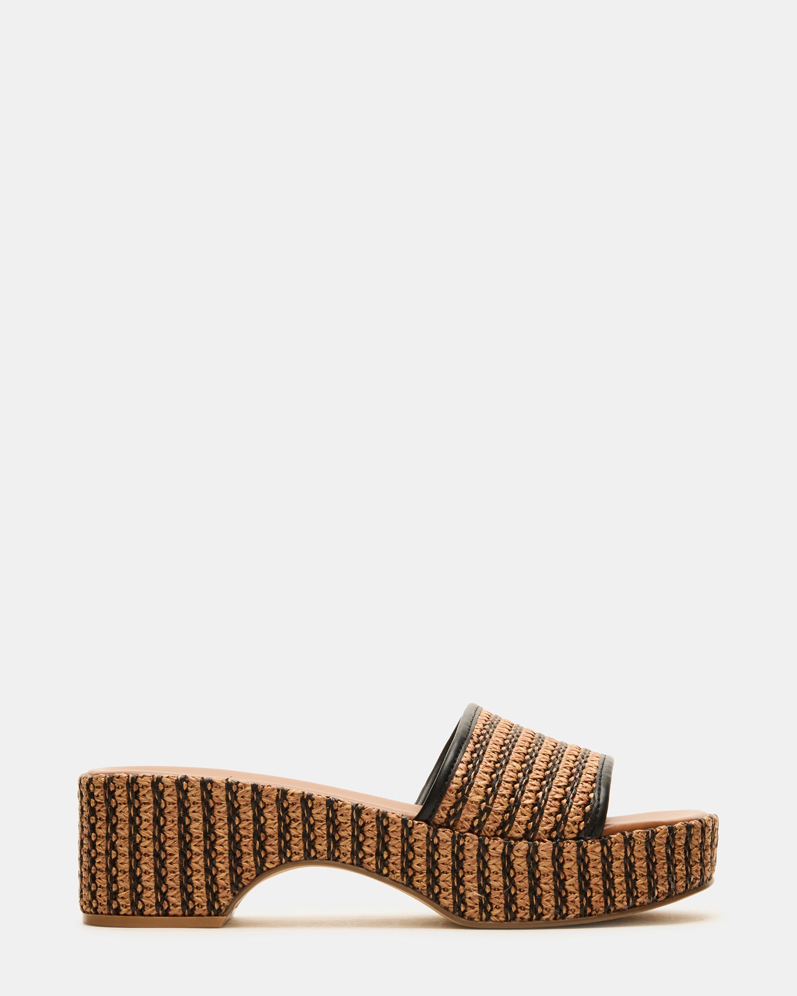 Close-up of raffia upper on platform slide sandals with black trim