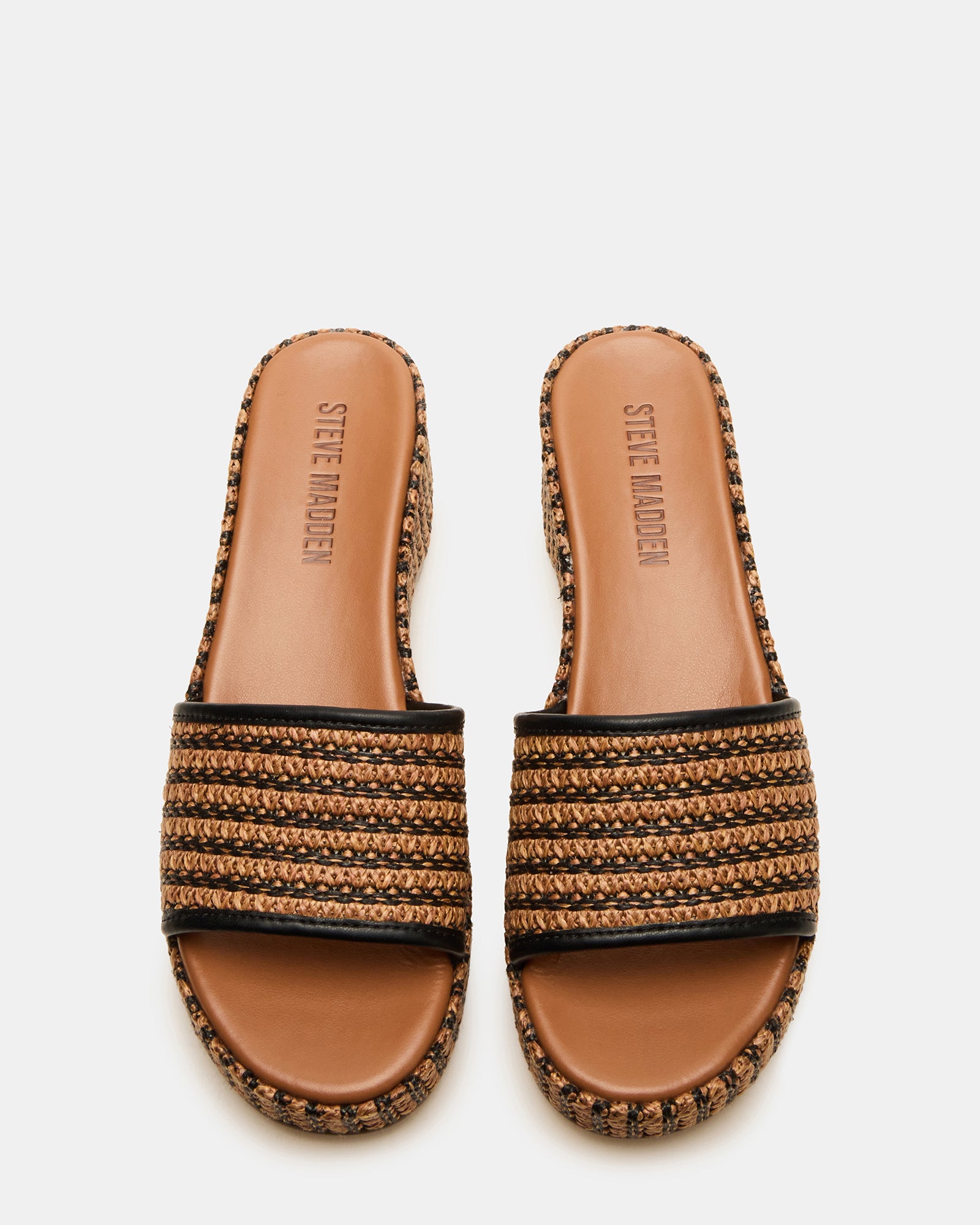 Close-up of raffia upper on platform slide sandals with black trim