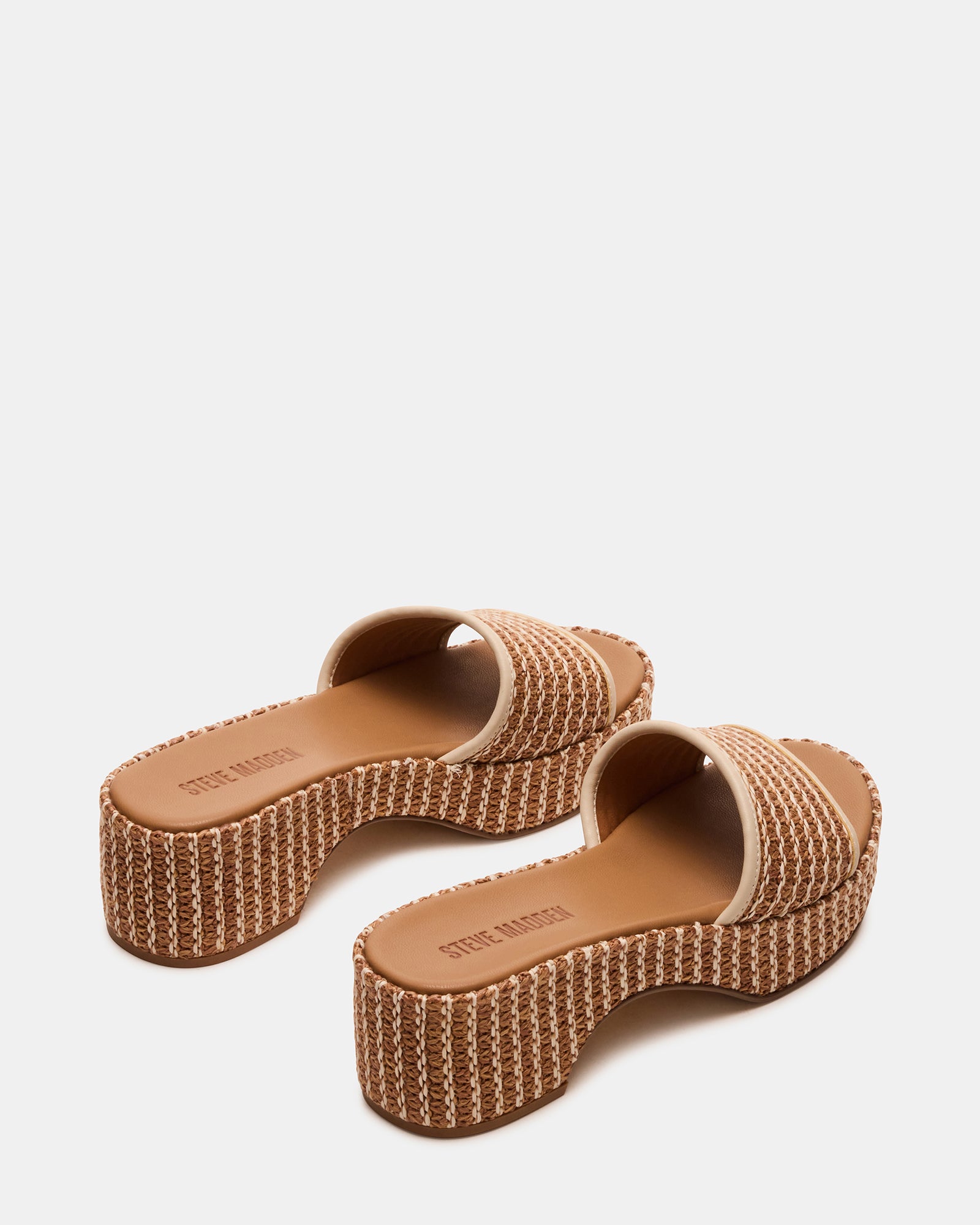 Close-up of raffia weave and platform sole on black platform sandals