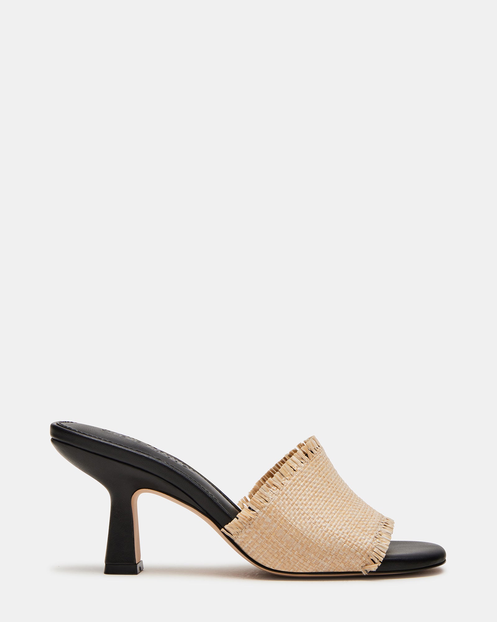 Front angle of square toe mules showing raffia texture and sleek design.