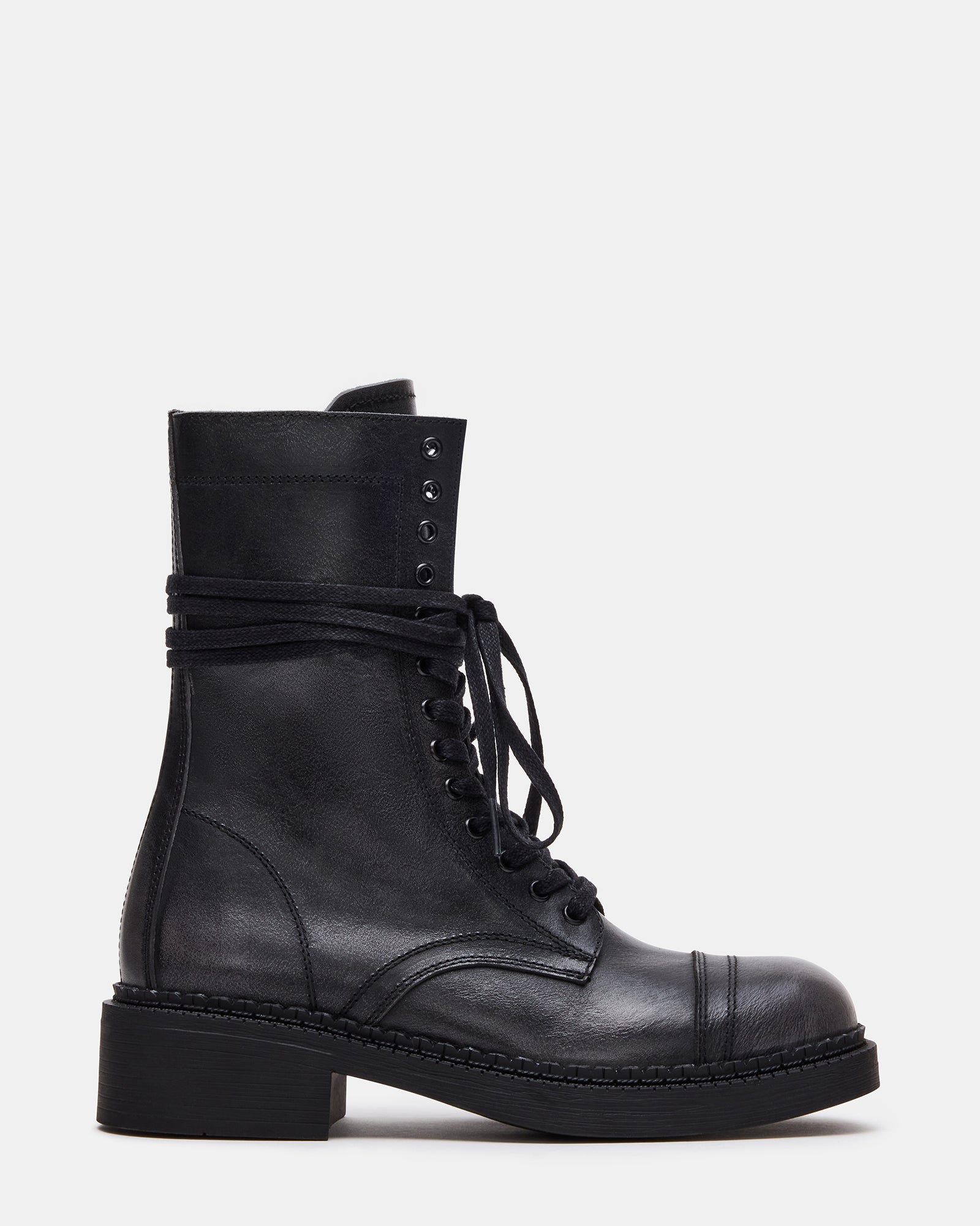 Front view of crimson black distressed moto boots showcasing the leather material.