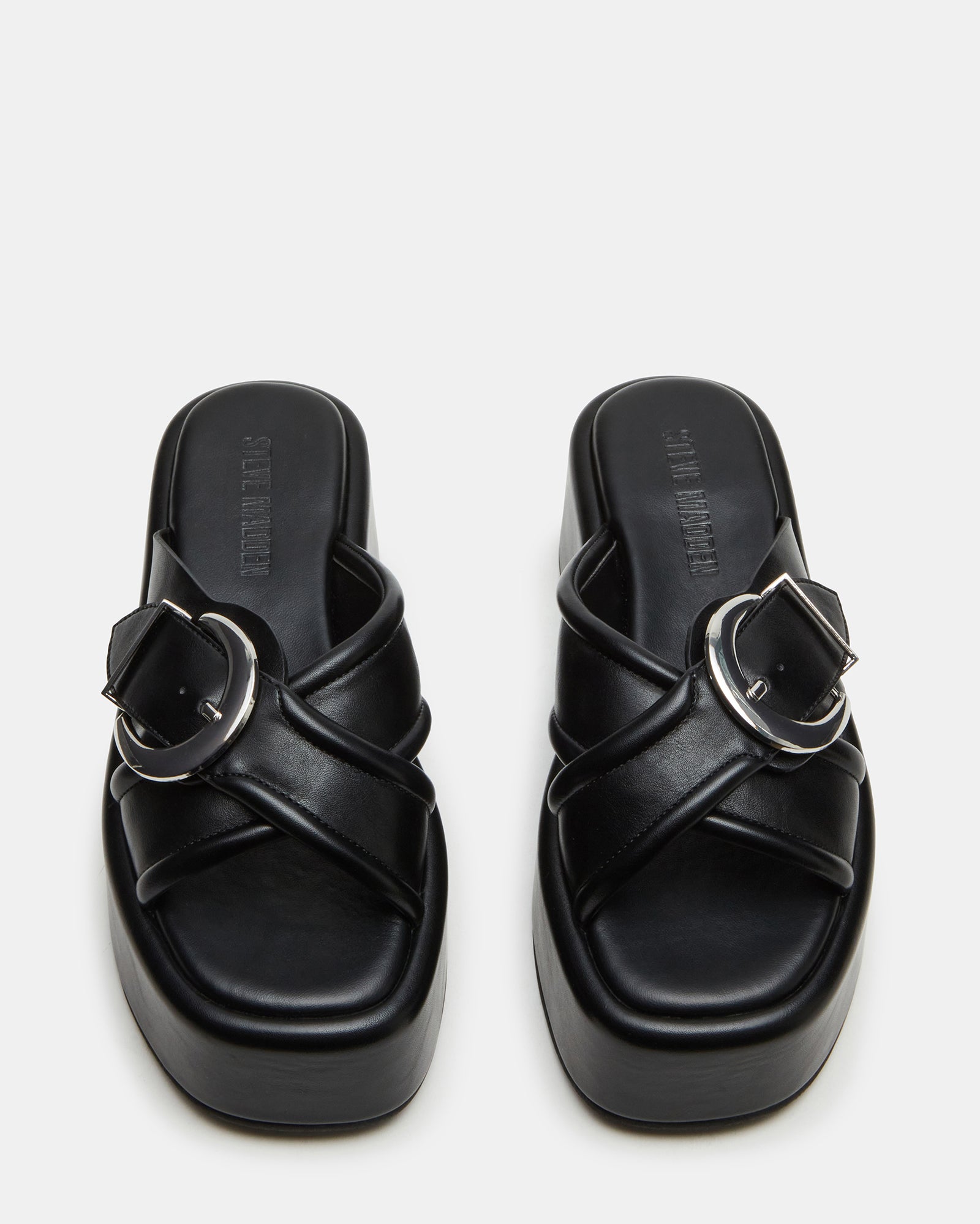 Front view of CYPHER black square toe platform sandals with vegan leather finish