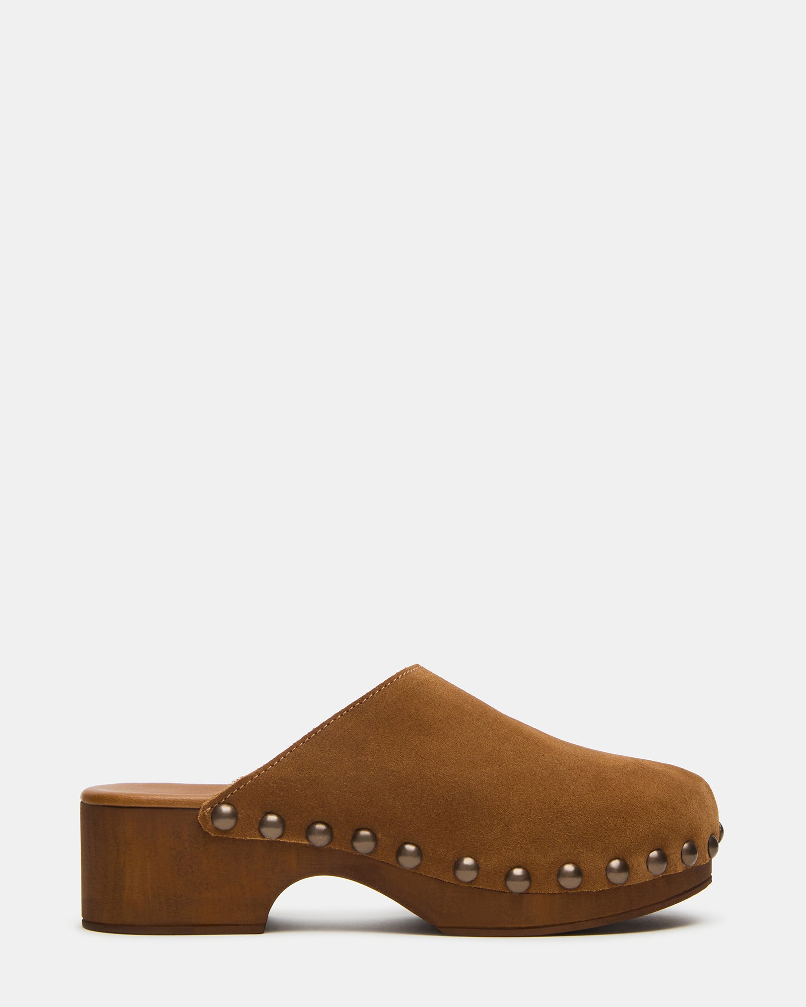 Close-up of Danver chestnut suede mule clogs showing studded details.