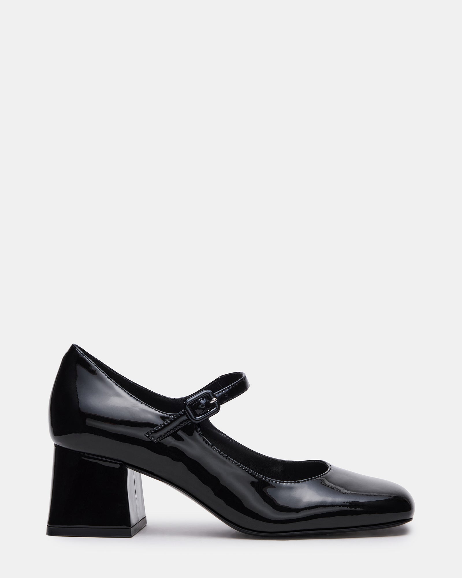 Side view of Darcey black Mary Jane shoes with block heels.
