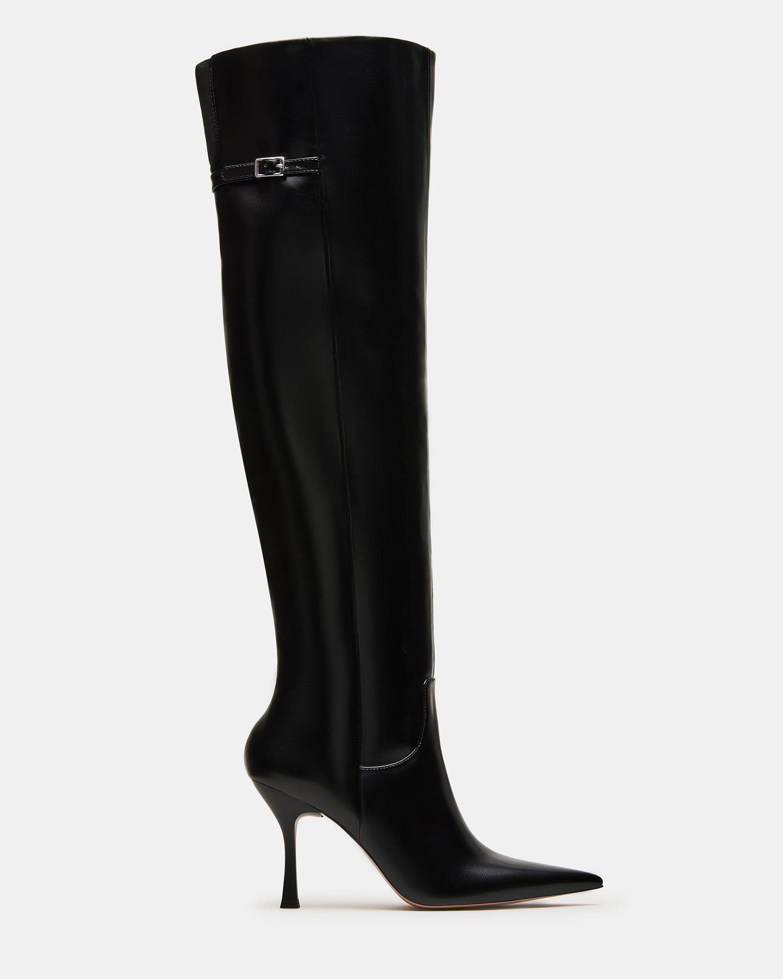 Side profile of vegan leather knee-high boots with pointed toe