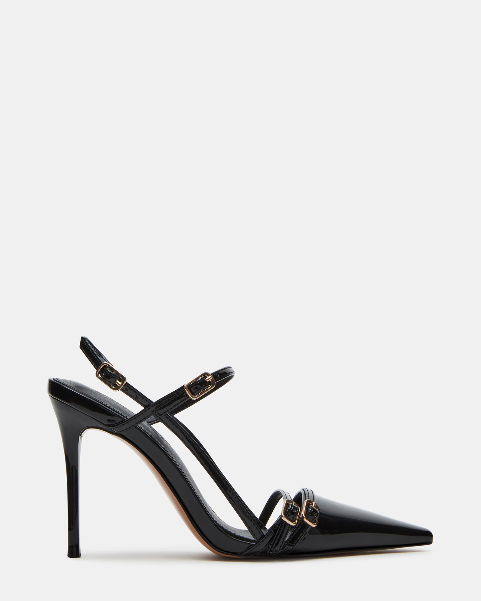 Side view of black patent leather heels with pointed toe and slingback strap