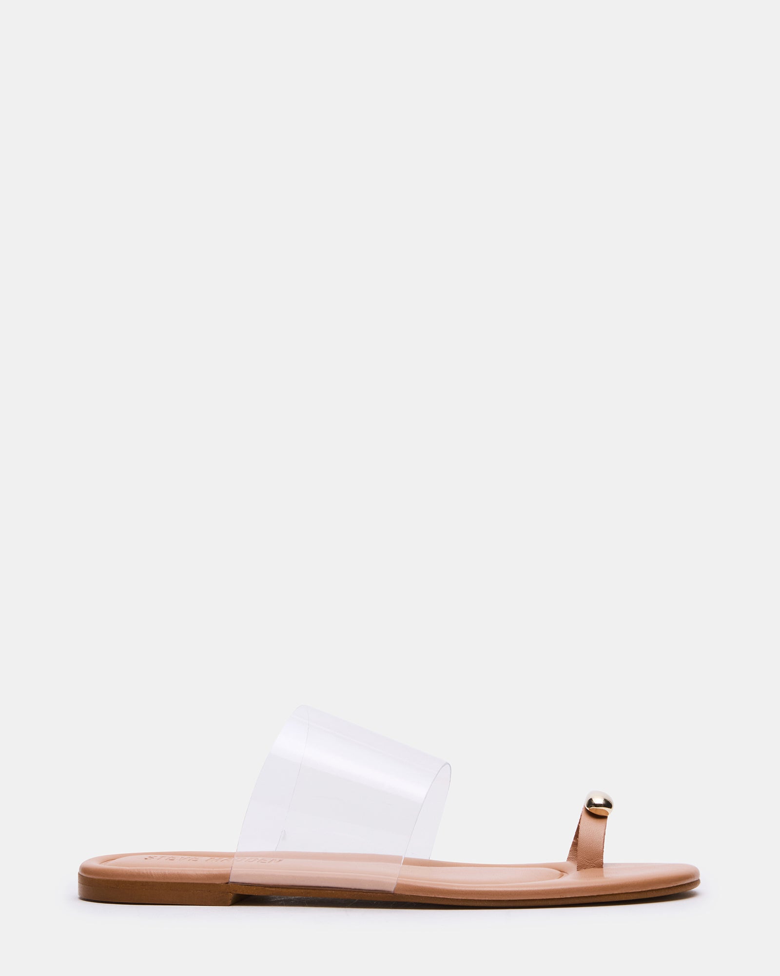 Side view of slide sandals showing toe ring and clear straps