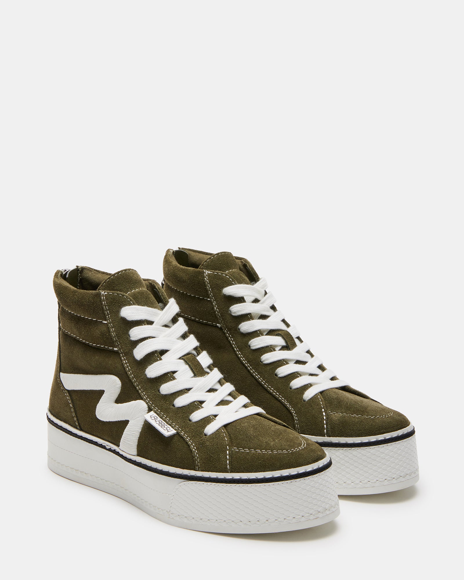 Back view of the olive high top sneakers with zipper closure and lacing.