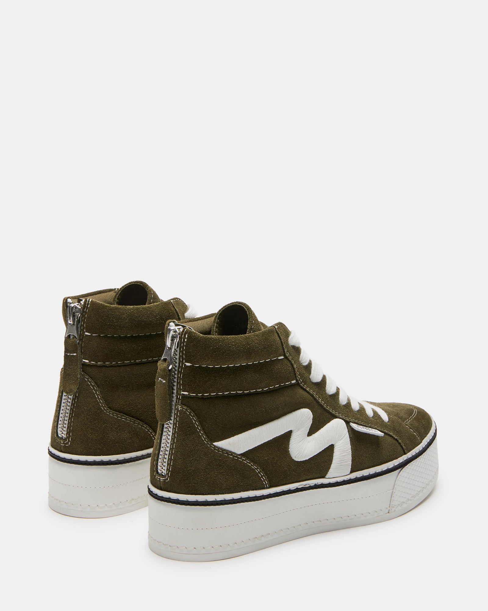 Back view of the olive high top sneakers with zipper closure and lacing.