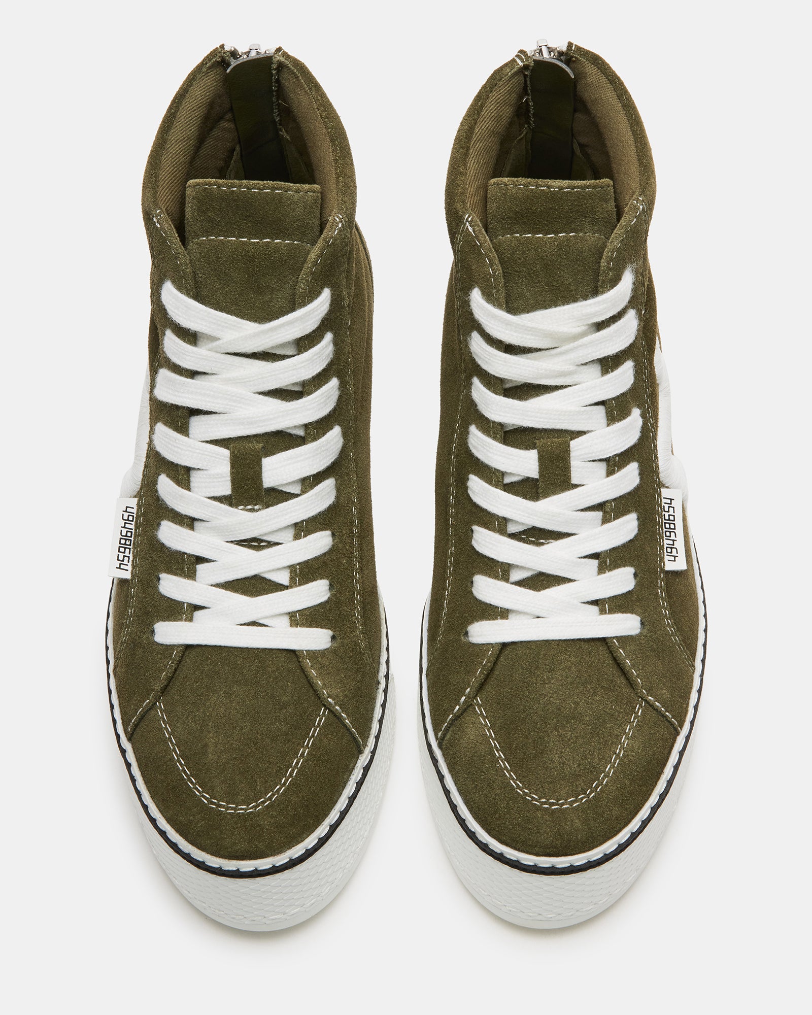 Olive high top platform sneakers from the side, highlighting the chunky sole.