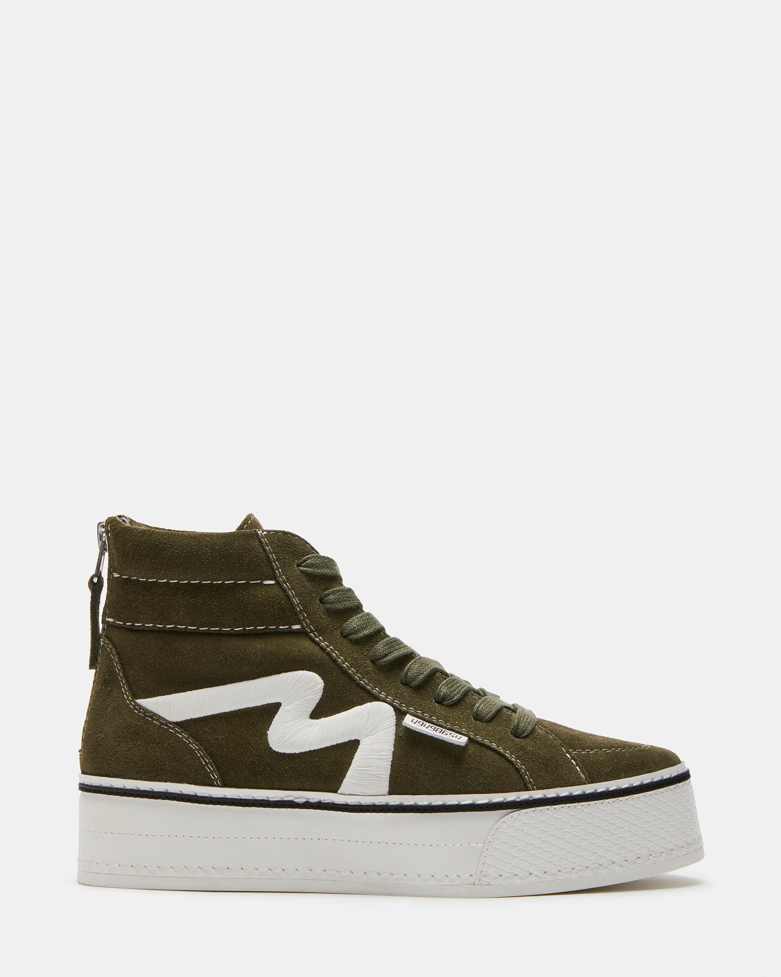 Olive high top platform sneakers from the side, highlighting the chunky sole.