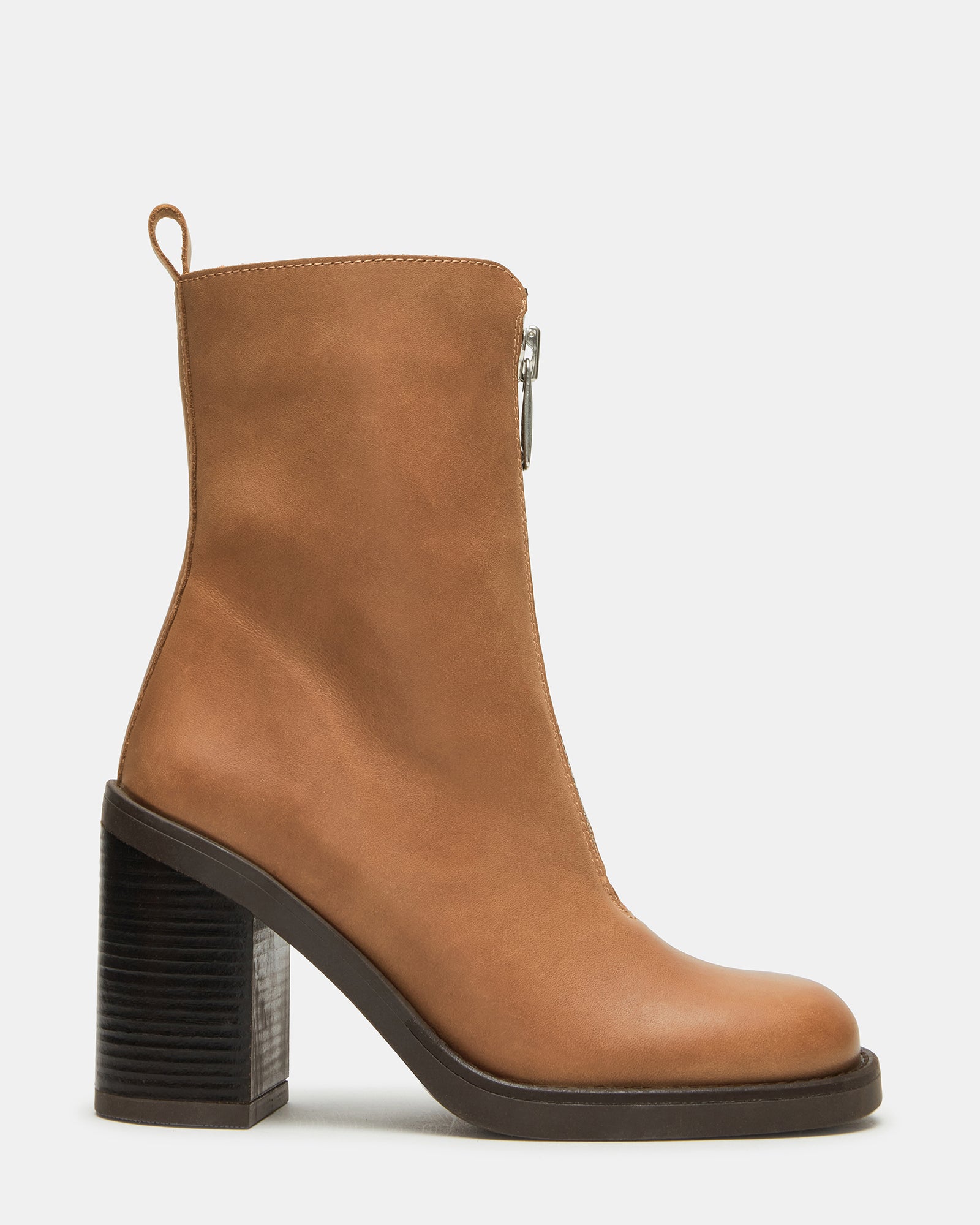 Side view of cognac leather ankle boots showing block heel and zipper detail
