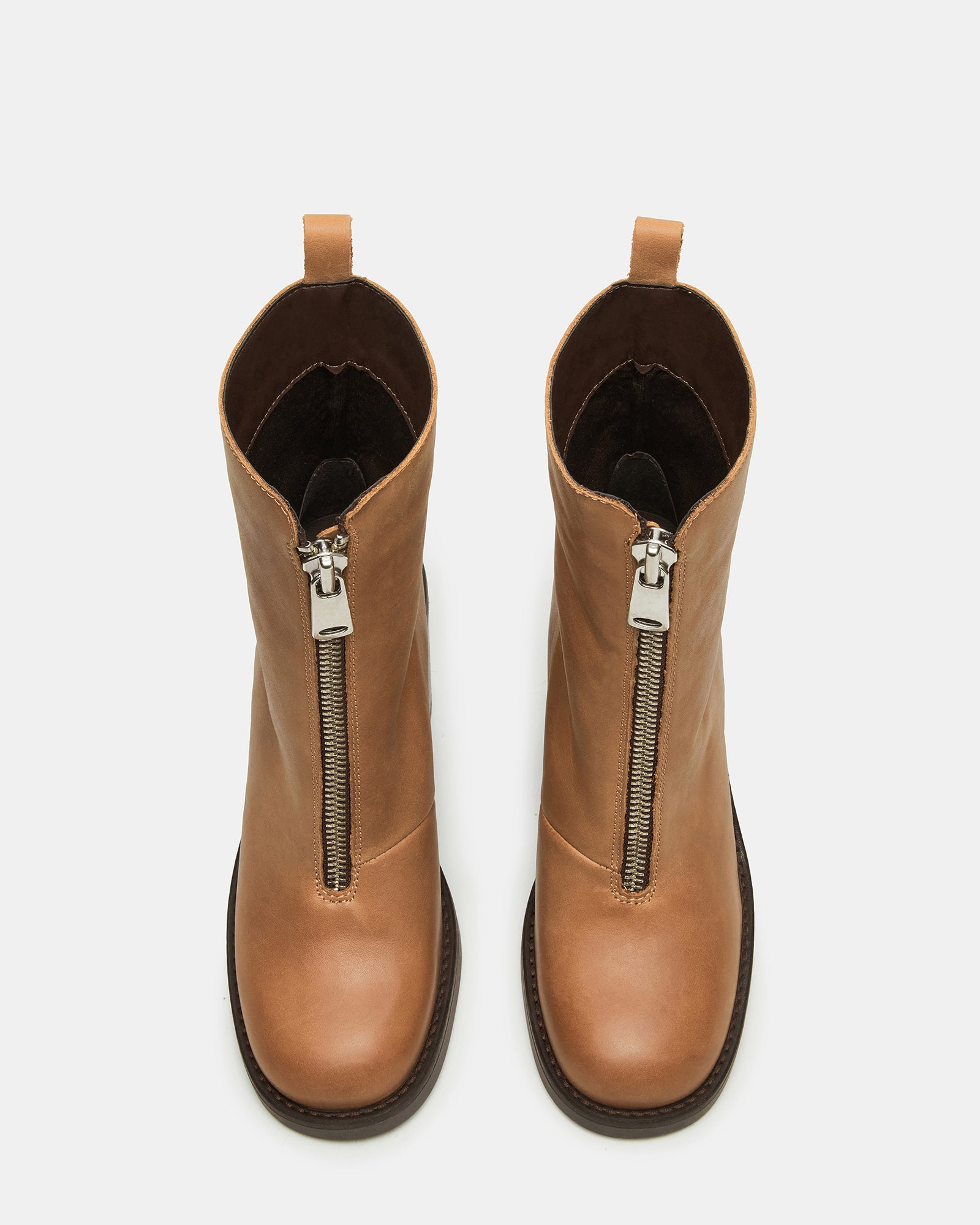Side view of cognac leather ankle boots showing block heel and zipper detail