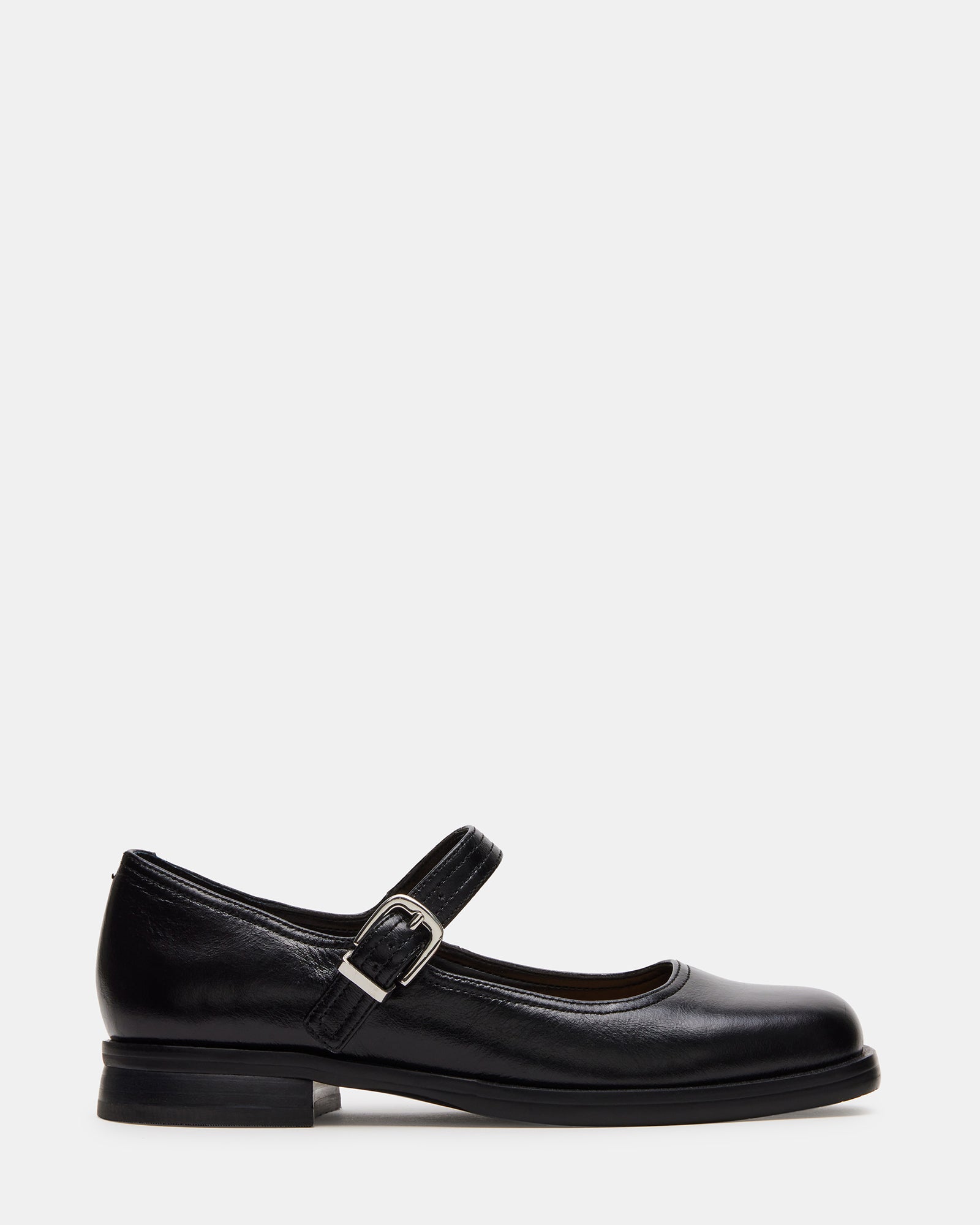 Close-up of Delancy black Mary Jane shoes with a square toe design.