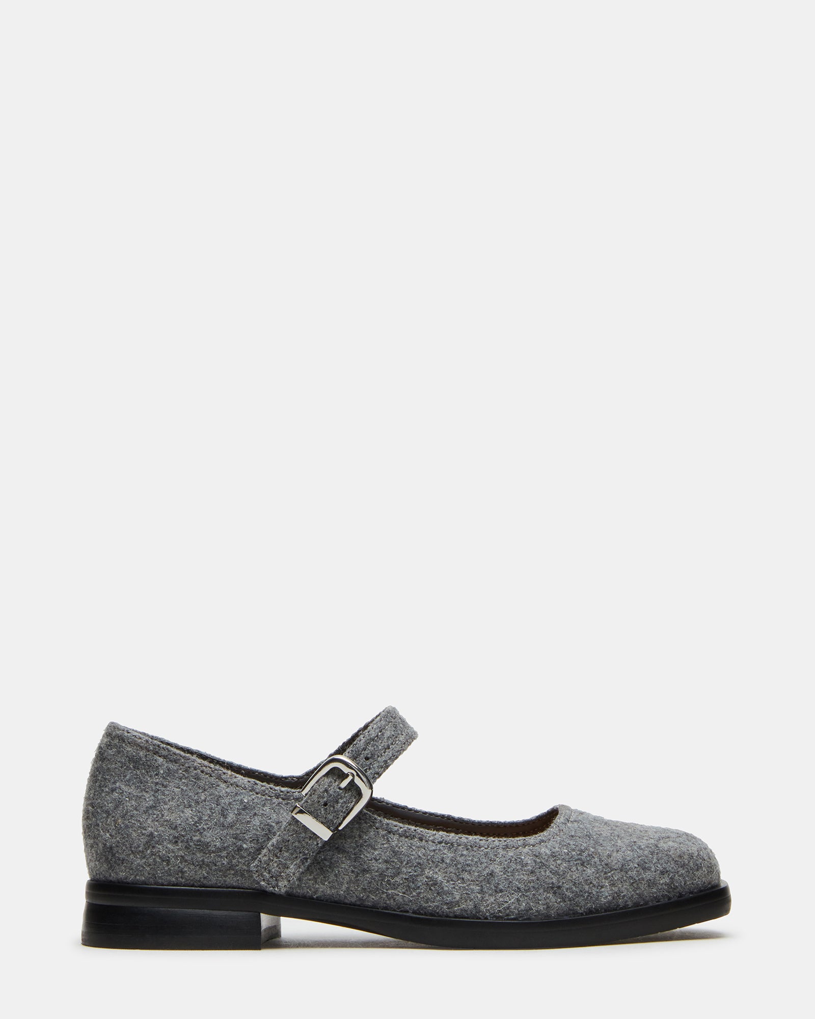 Delancy Mary Jane flats in grey flannel, shown from the side