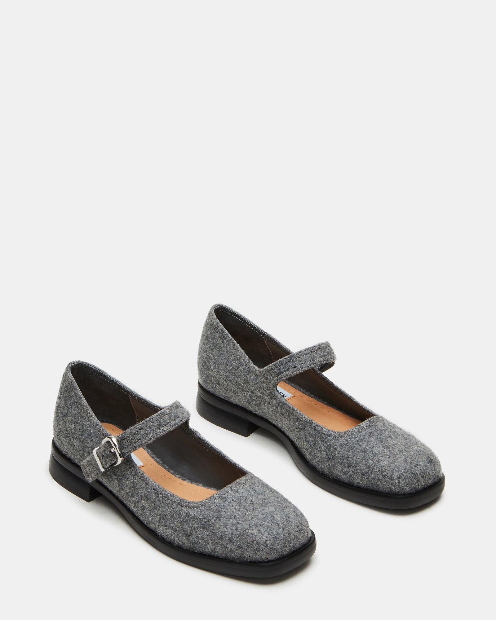 Close-up of the square toe and strap on these comfortable womens flats