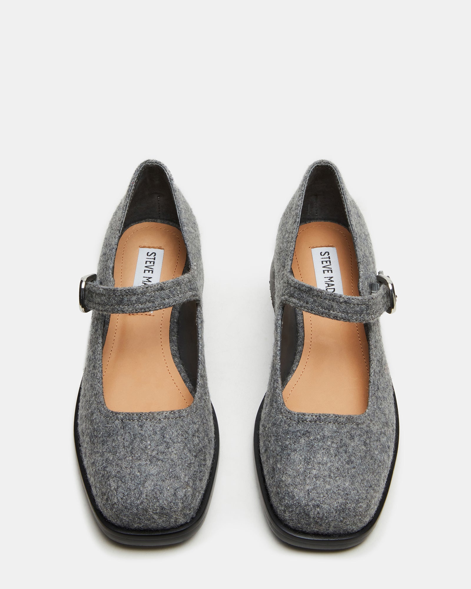 Delancy Mary Jane flats in grey flannel, shown from the side
