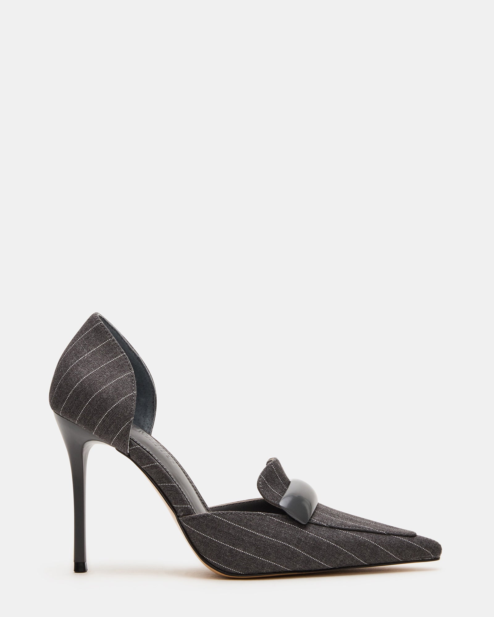 Side view of Delphini gray pinstripe pointed toe heels highlighting the pointed toe design