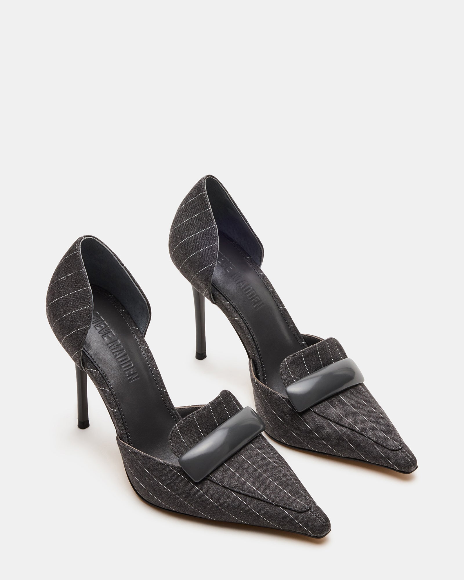 Top-down shot of the shoes emphasizing the elegant pinstripe pattern and heel height