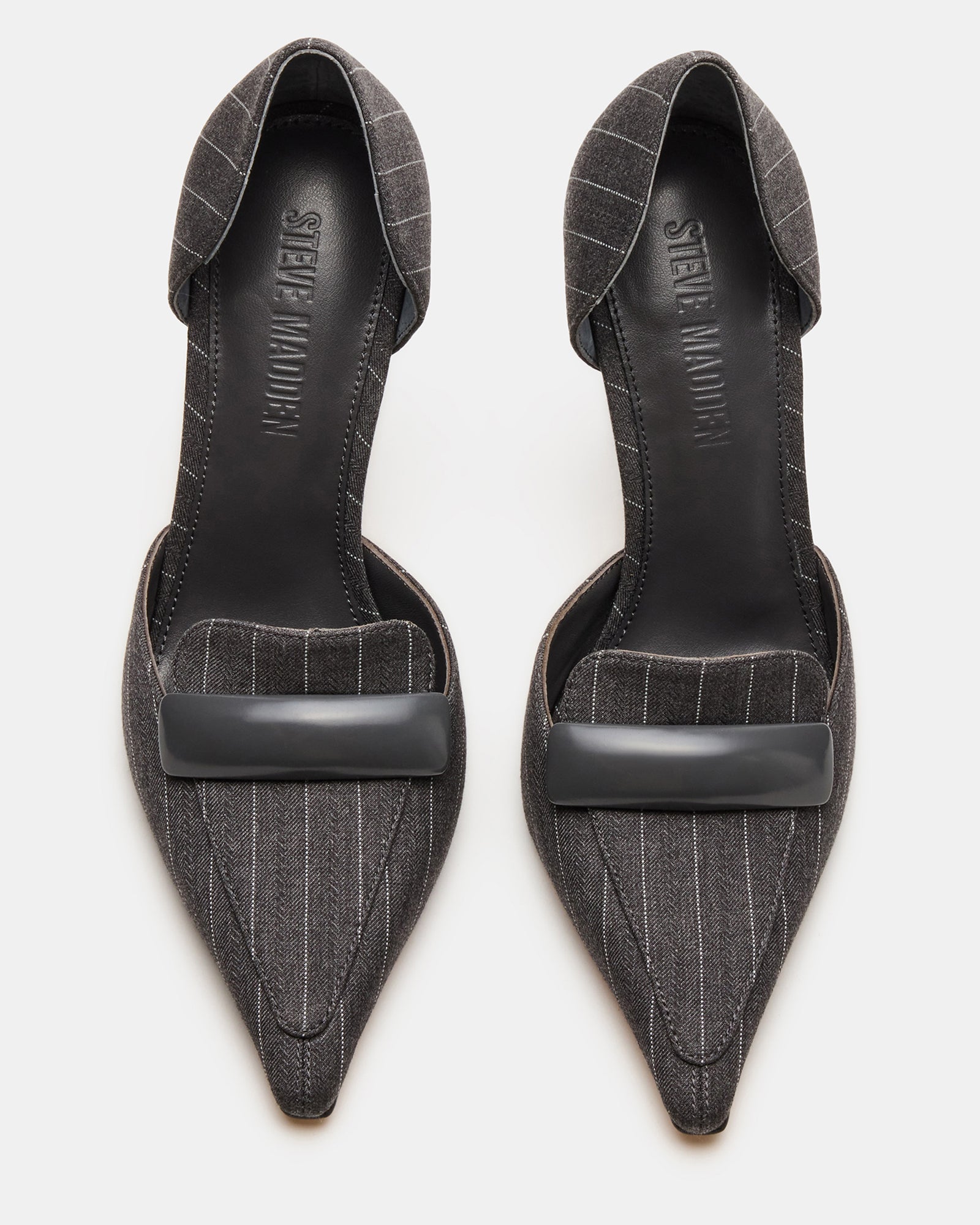 Side view of Delphini gray pinstripe pointed toe heels highlighting the pointed toe design
