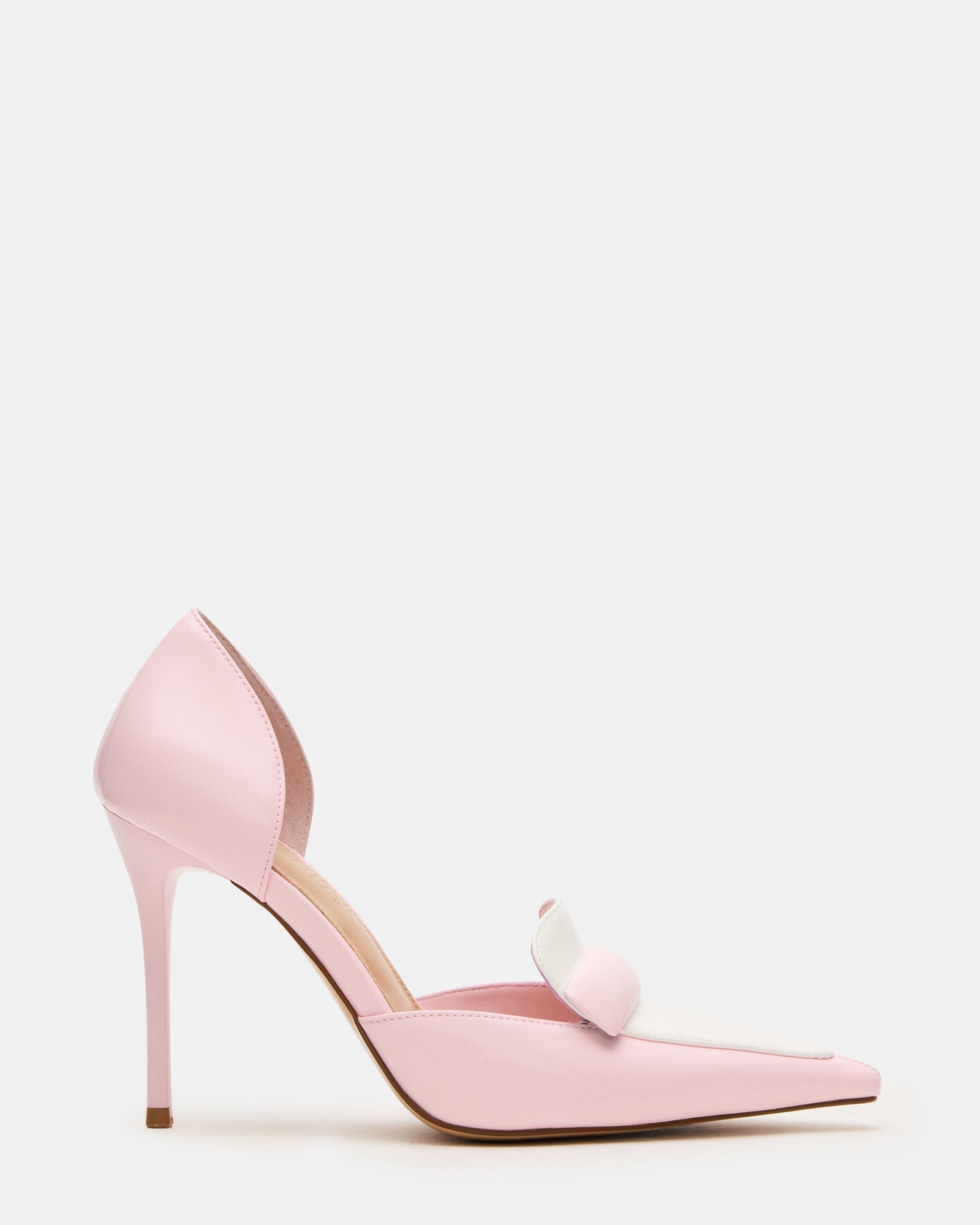 Side view of Delphini Pink pointed toe stiletto heels showing elegant silhouette