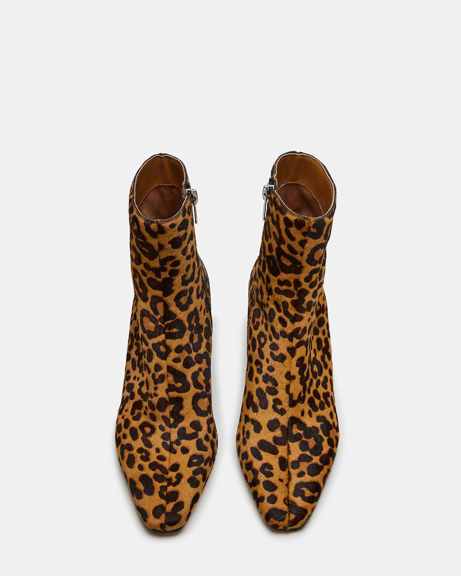 Front view of Delvie leopard print kitten heel booties highlighting the pointed toe.