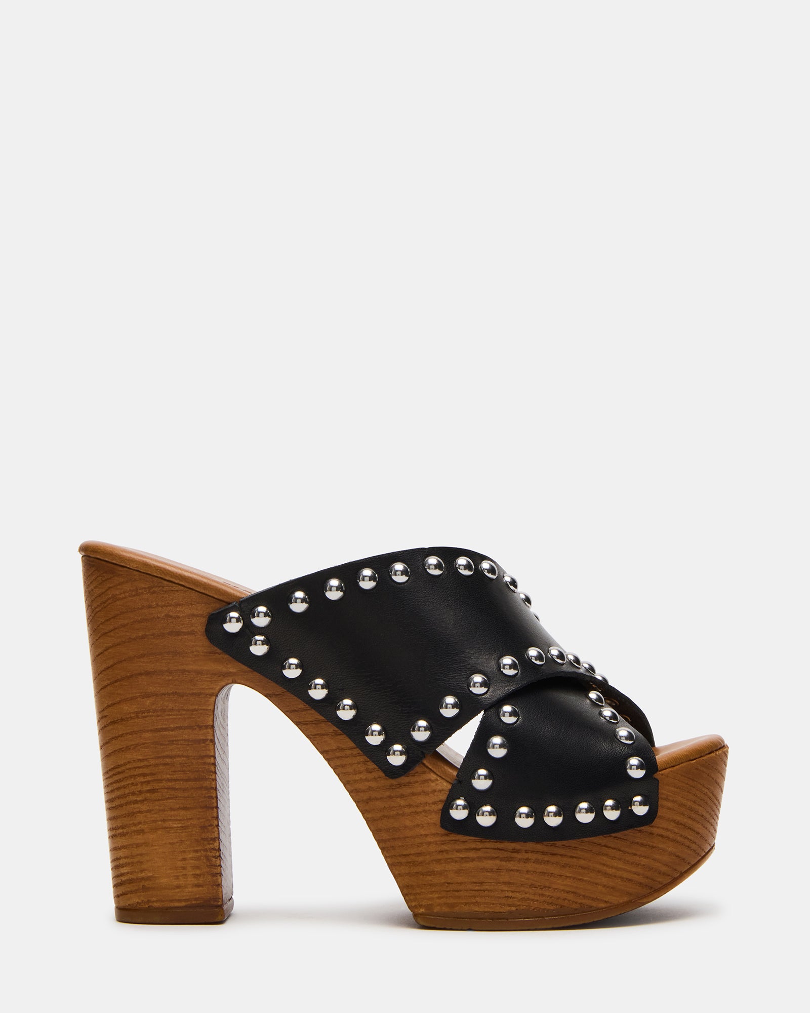DEMI black leather platform sandals with studs, side view