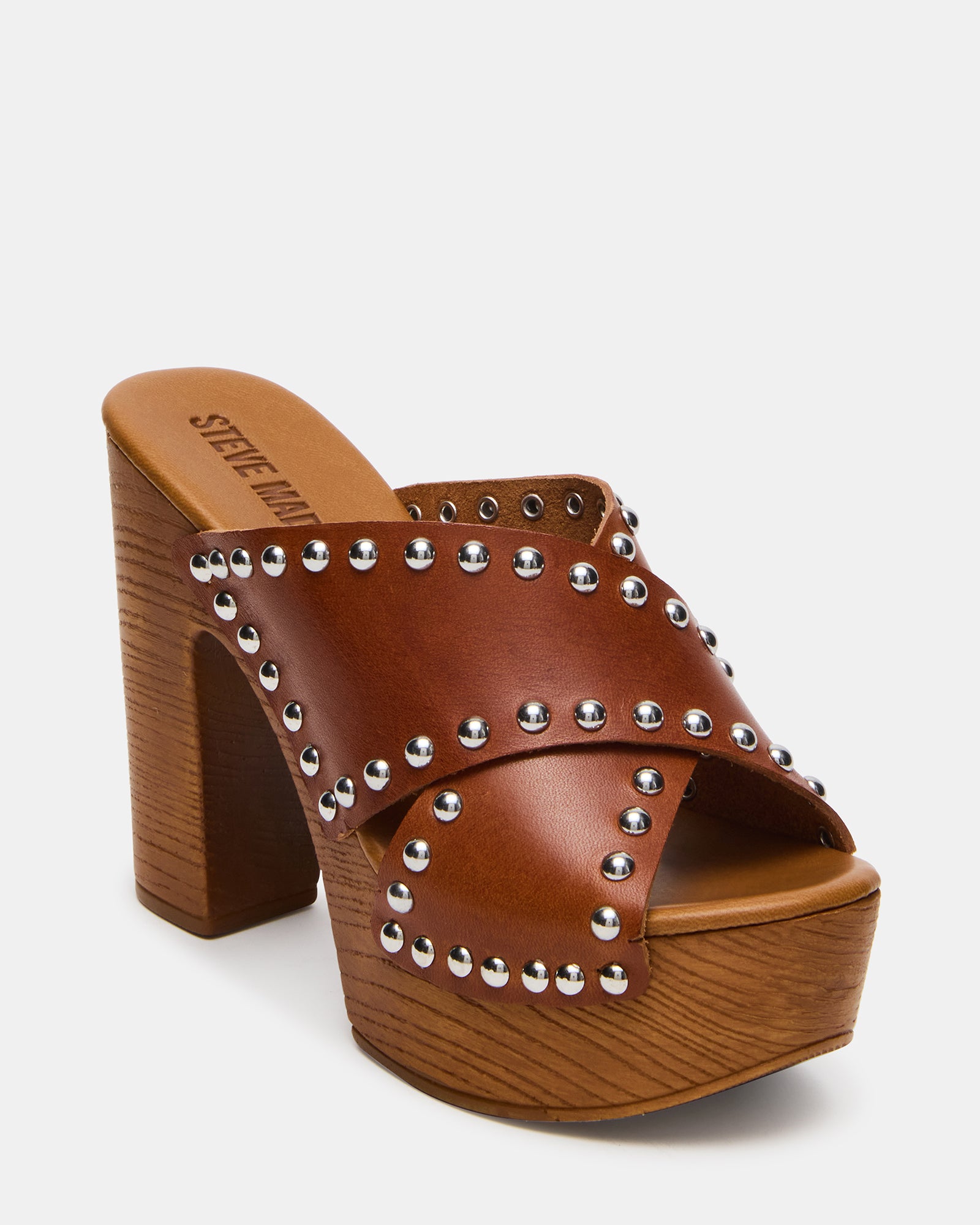 Side view of Demi platform sandals highlighting the wood bottom.