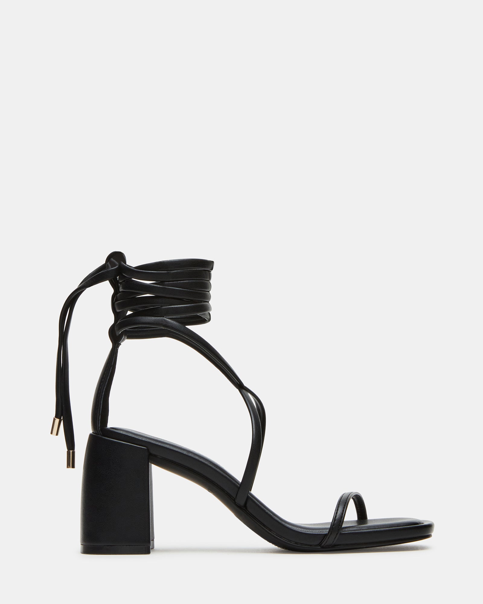 Side view of strappy heels with square toe and lace-up ankle detail