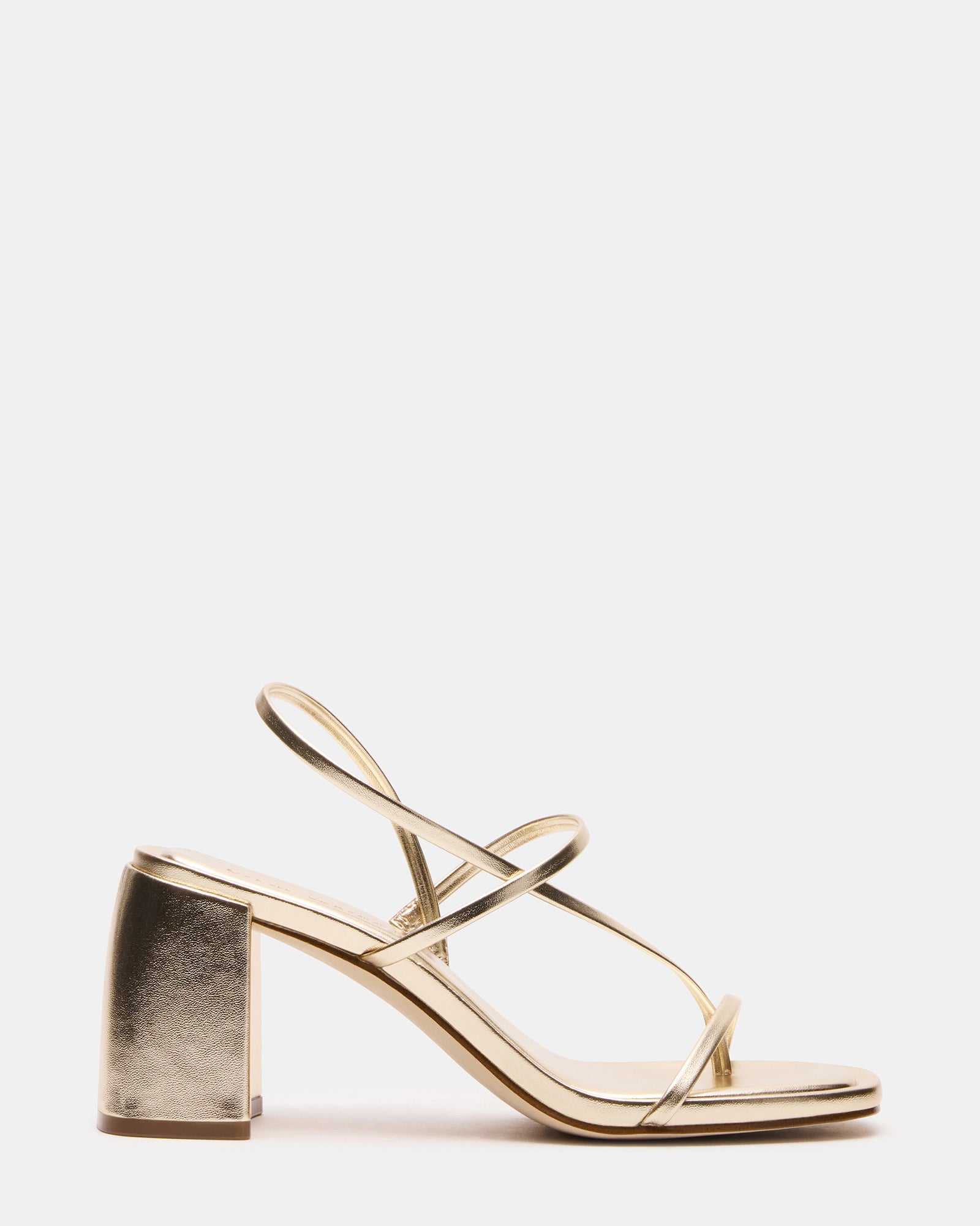 Diora Gold strappy heels showcasing a side view with block heel.
