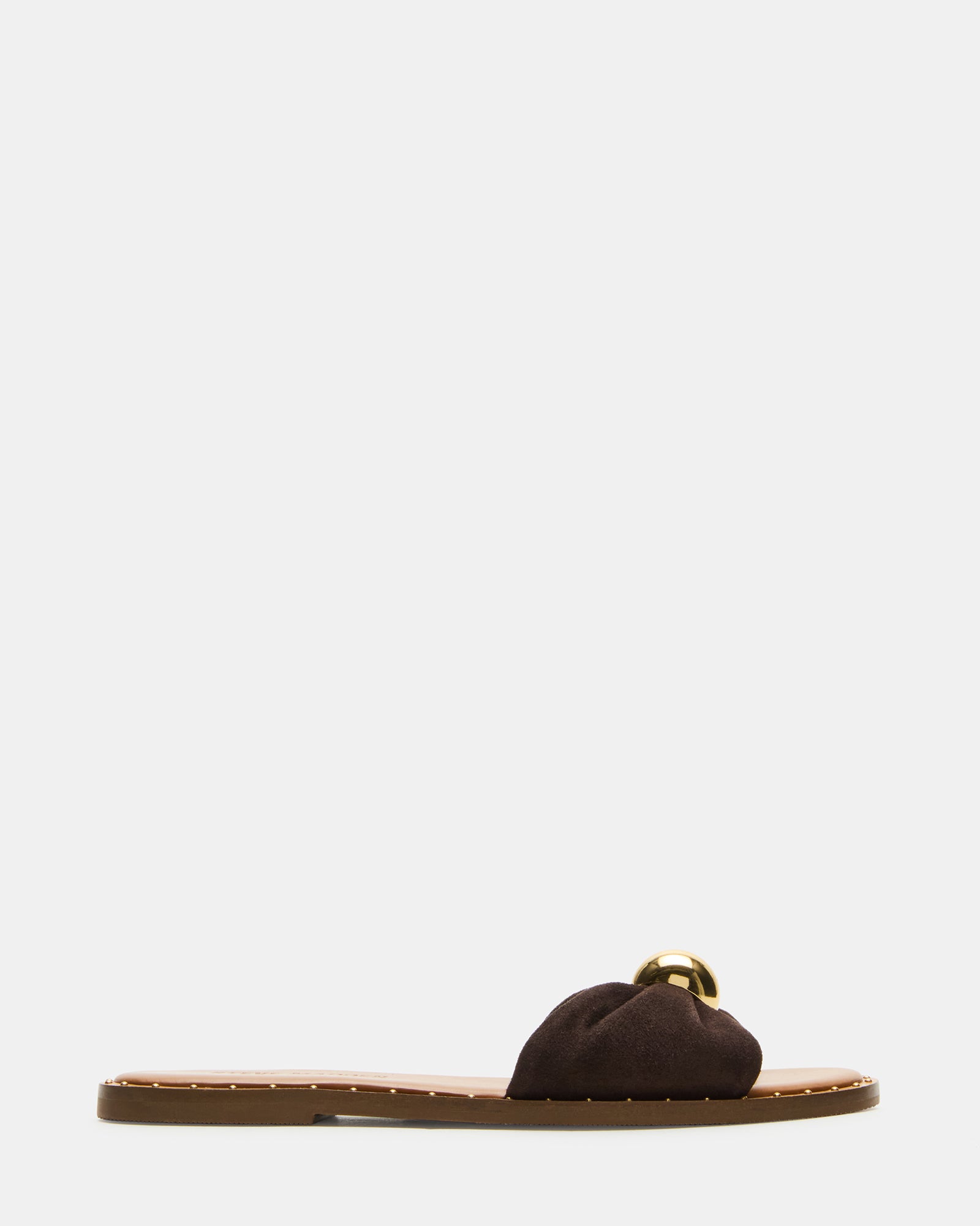 Top view of suede slide sandals showing rounded toe and mini stud accents.