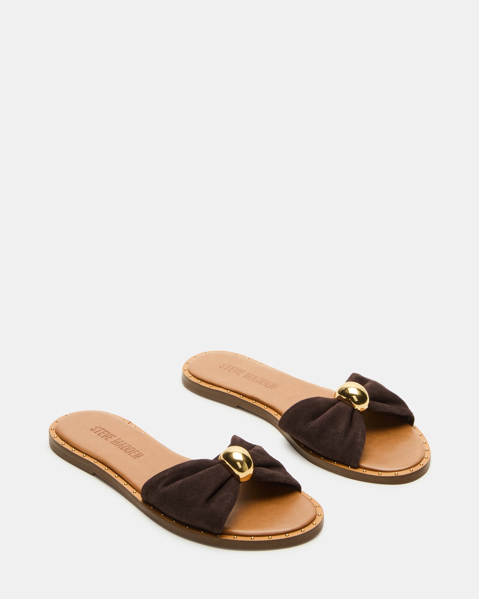 Profile angle of sandals slides shoes womens with cushioned insole and .5 inch heel.