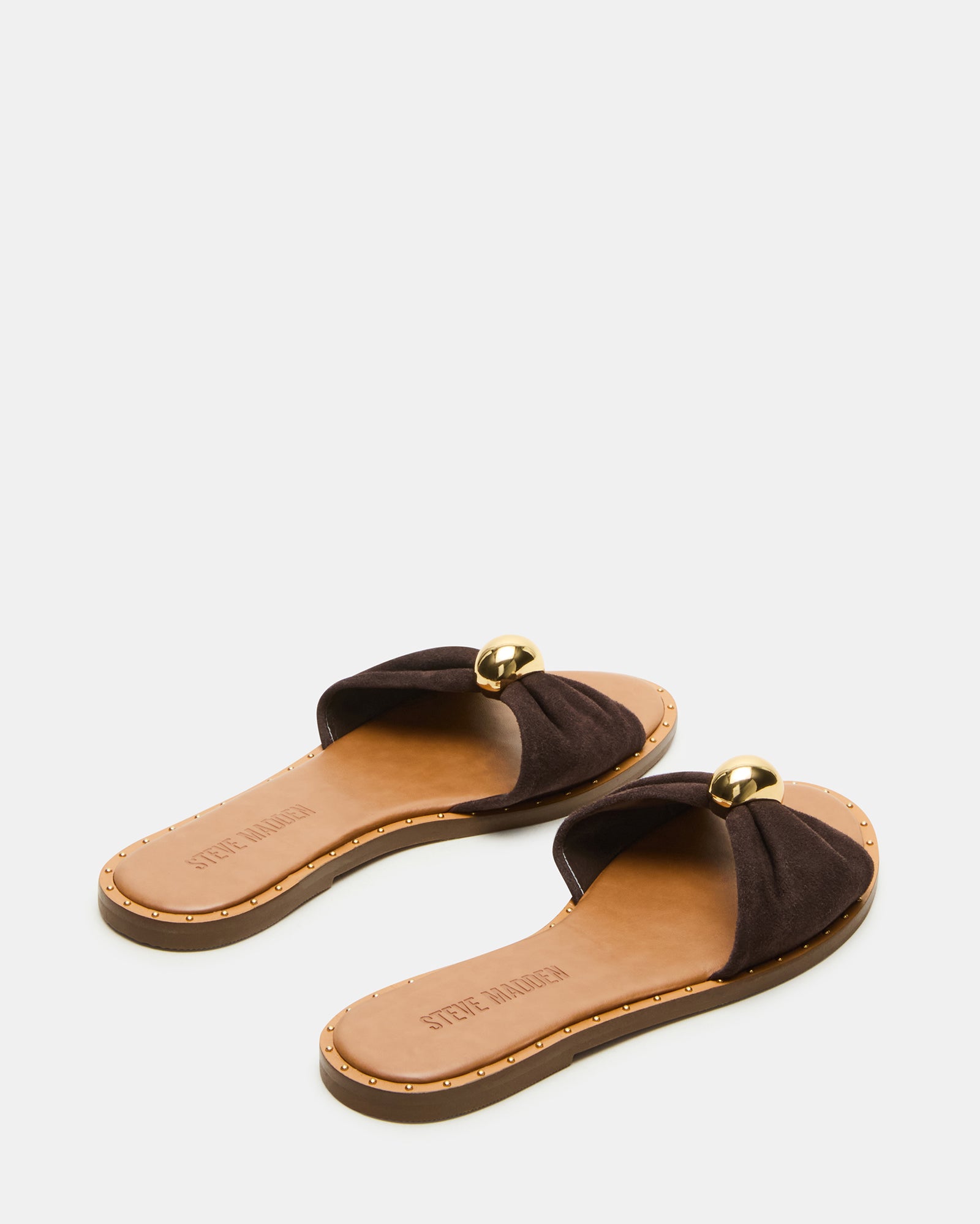 Profile angle of sandals slides shoes womens with cushioned insole and .5 inch heel.