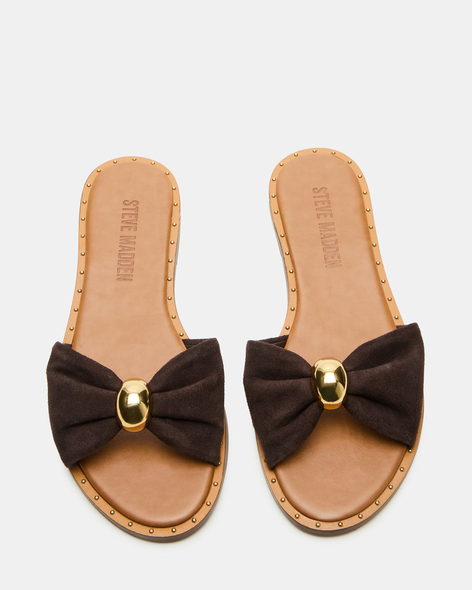 Top view of suede slide sandals showing rounded toe and mini stud accents.