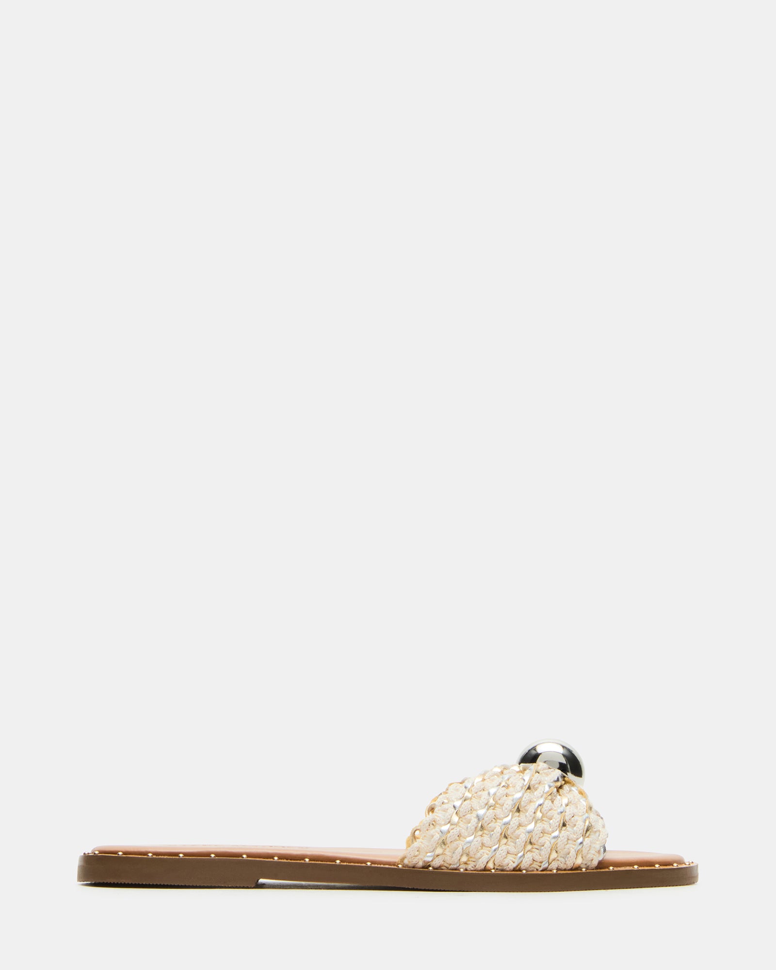 Dipsy slide sandals in metallic multi-color, showcasing studded design and rounded toe