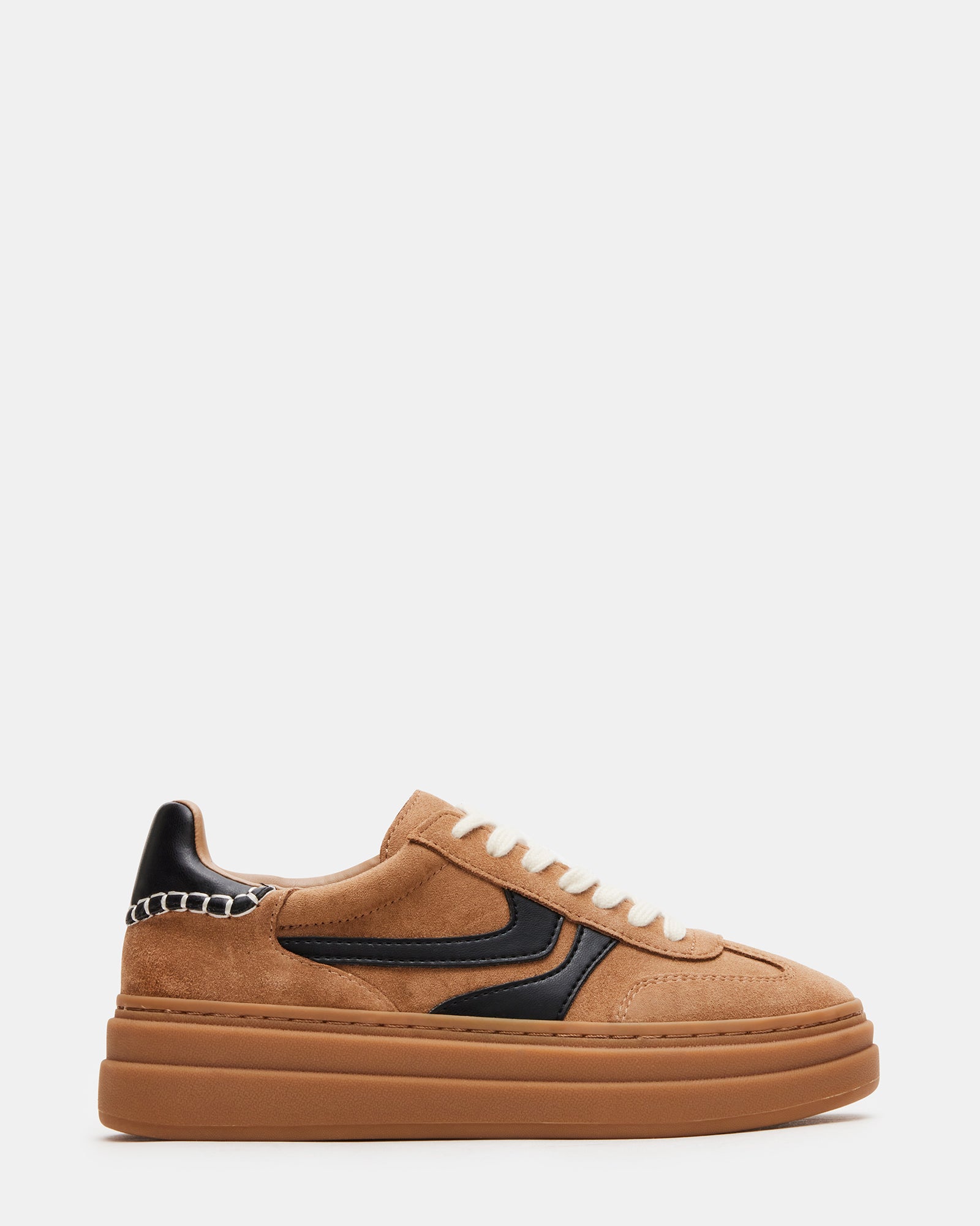 Close-up side view of suede Dodge tan sneakers with synthetic sole