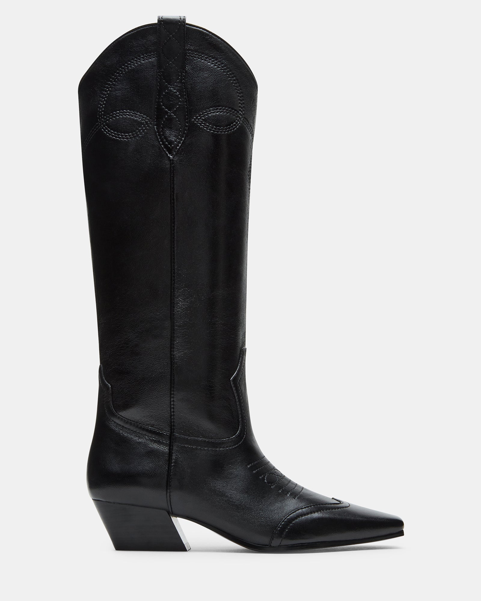 Dollie black square toe boots on display from the side.