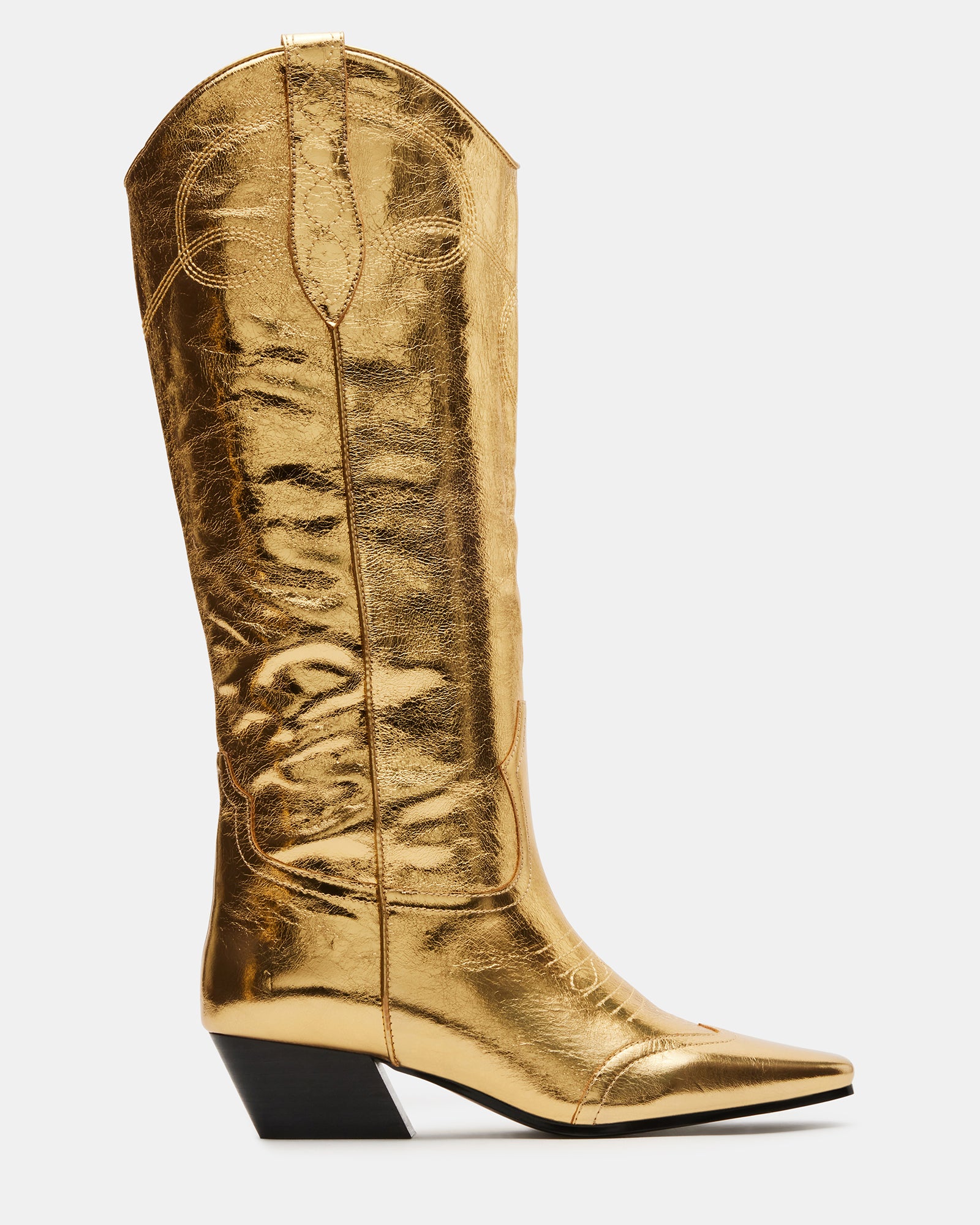 Dollie gold leather Western boots from a side profile, showcasing the square toe and heel.