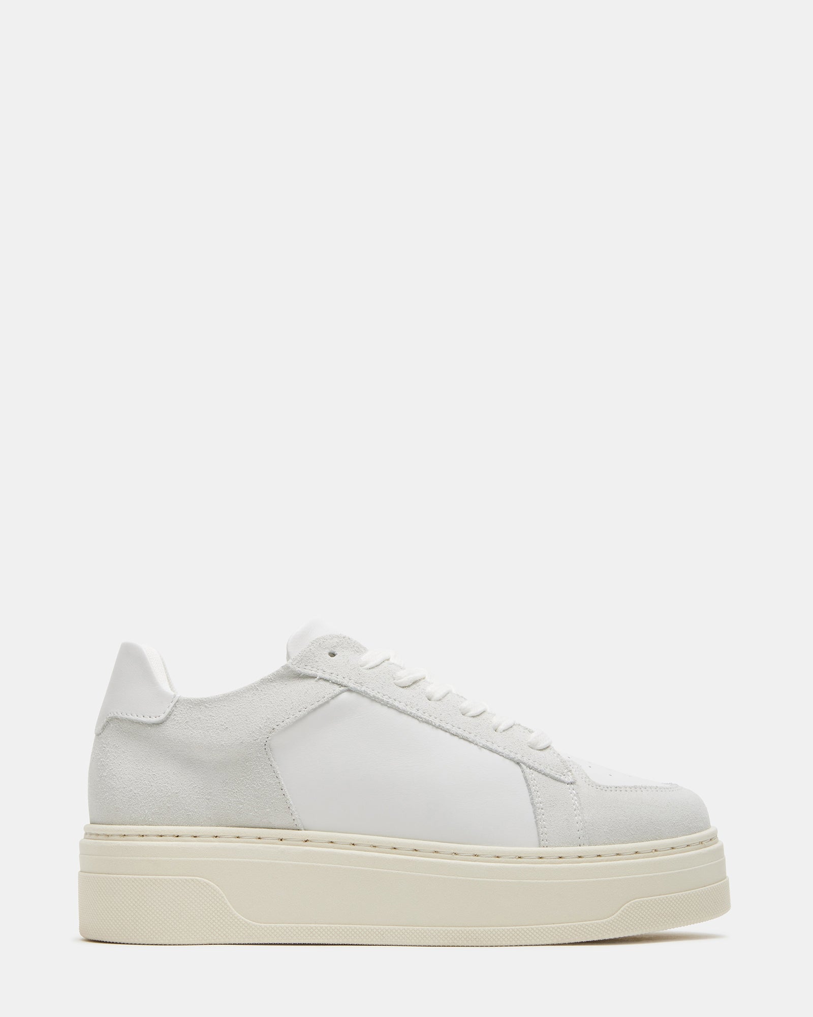 White leather sneaker with platform sole and tonal paneling, ideal for everyday casual wear