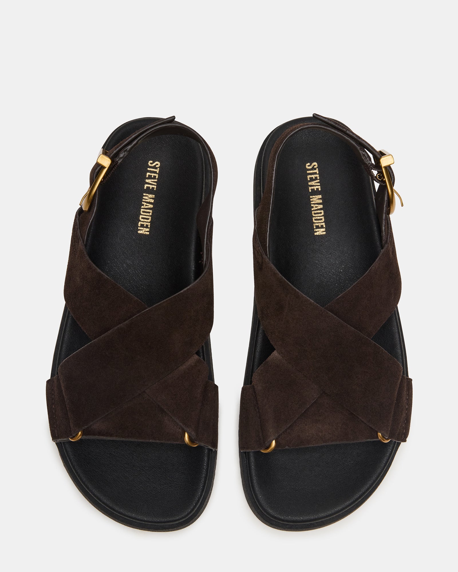 Side view of brown suede strappy platform sandals with elegant crisscross straps